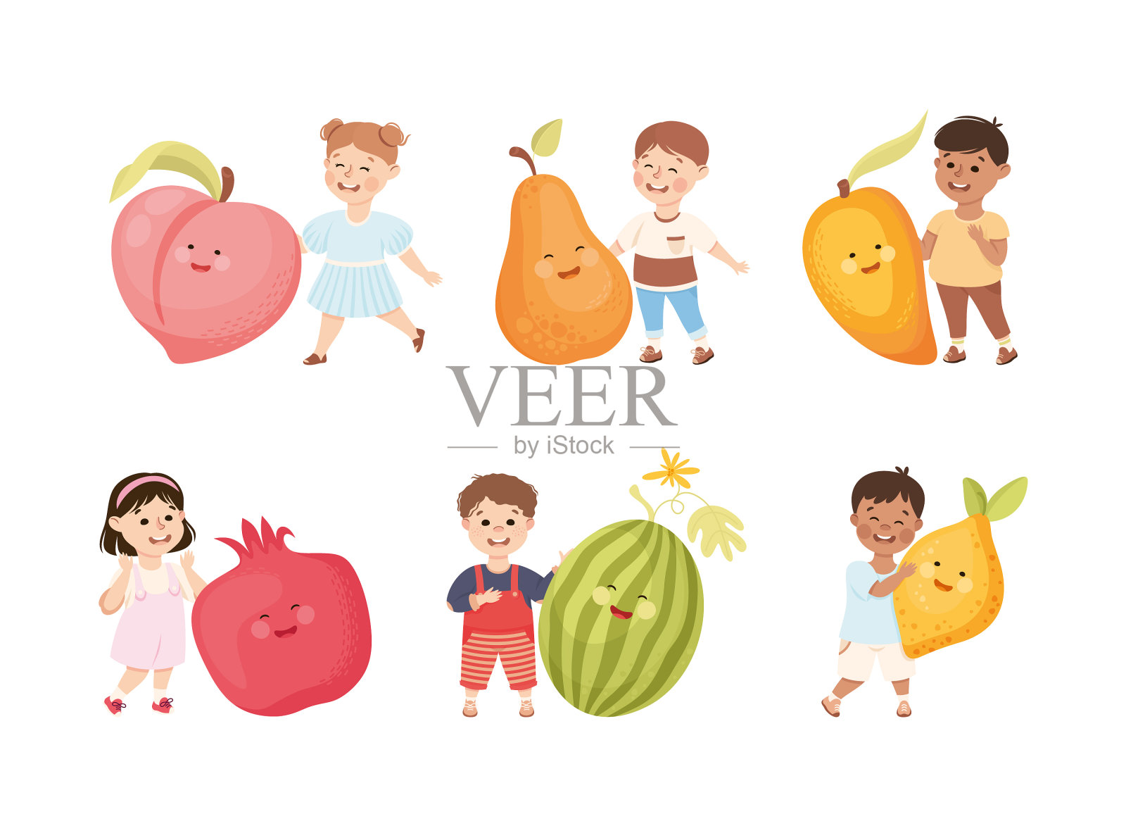 快乐的孩子们欢快地玩着大水果插画图片素材