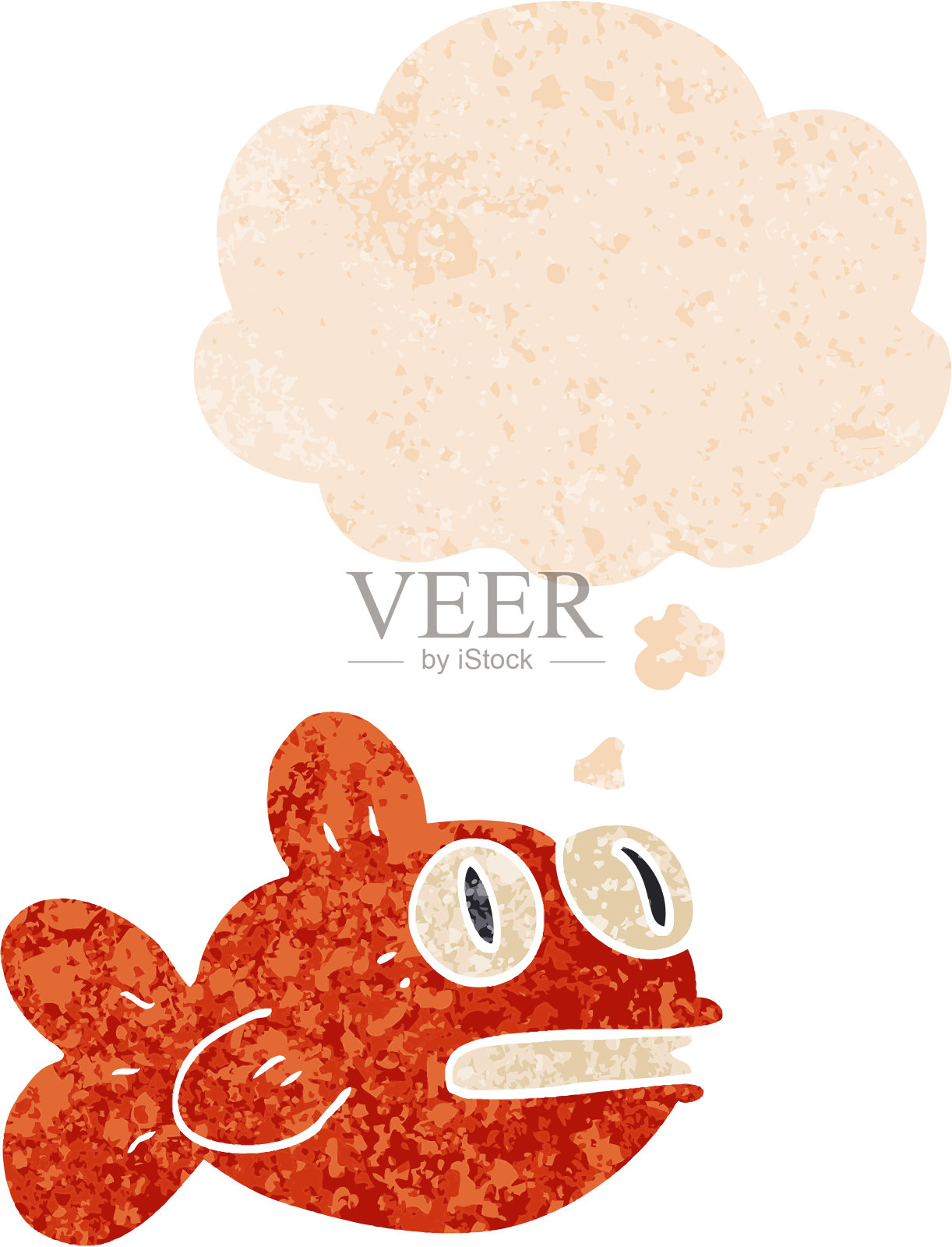 卡通鱼与思想泡沫在垃圾摇滚苦恼复古纹理风格插画图片素材