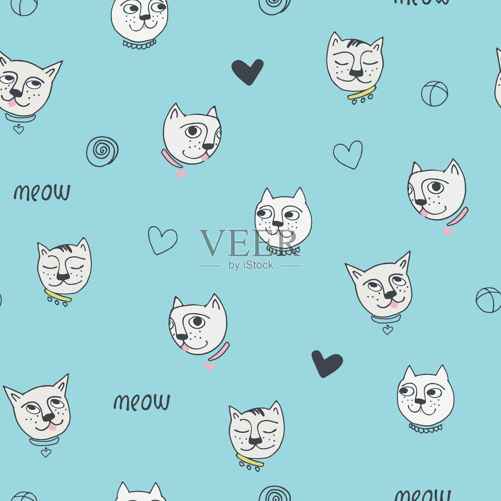 无缝模式与有趣的猫，签名喵和心形卡通风格。非常适合孩子们。插画图片素材