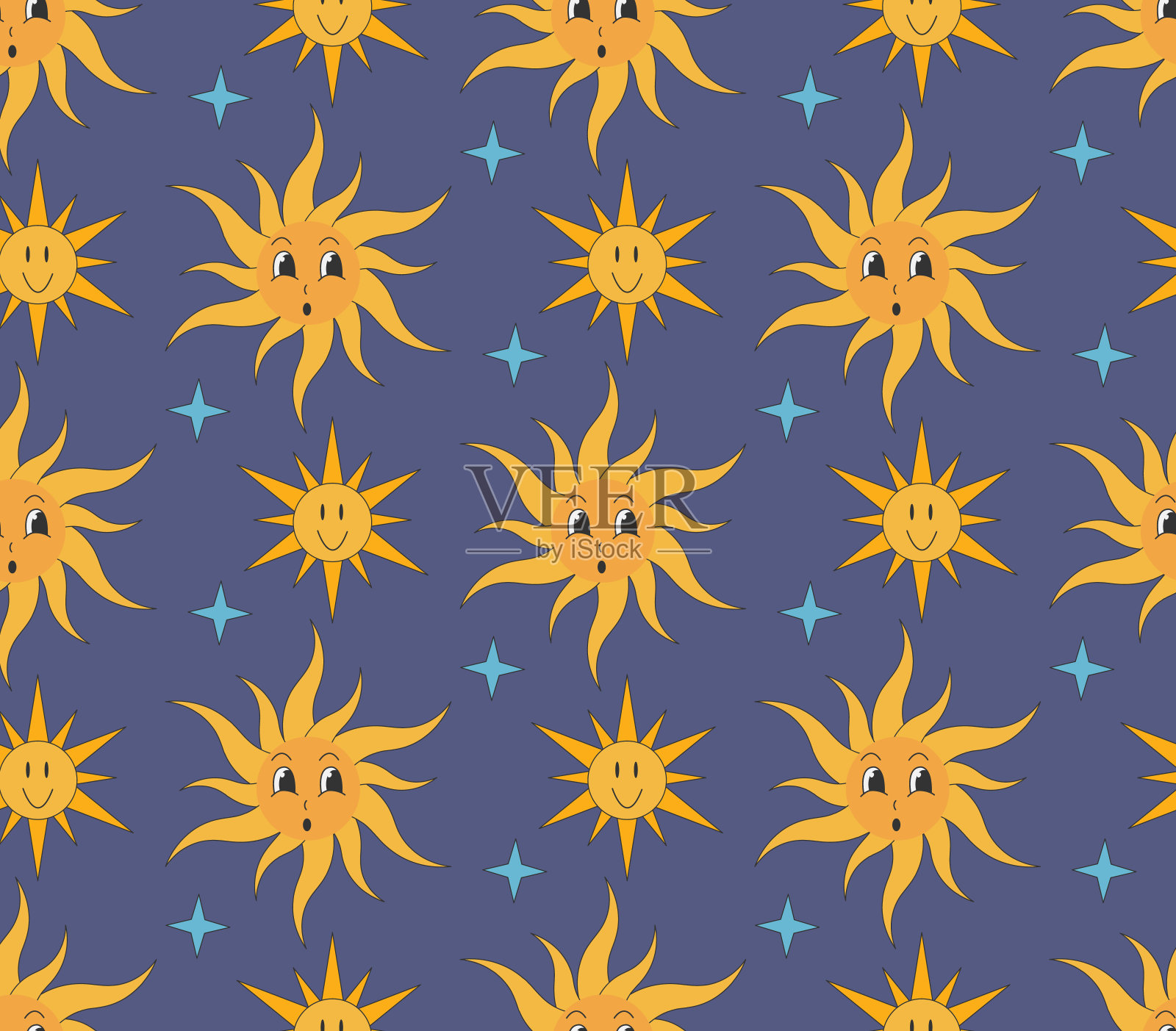 Groovy图案明星和太阳ib卡通嬉皮风格的黑色背景。设计元素图片