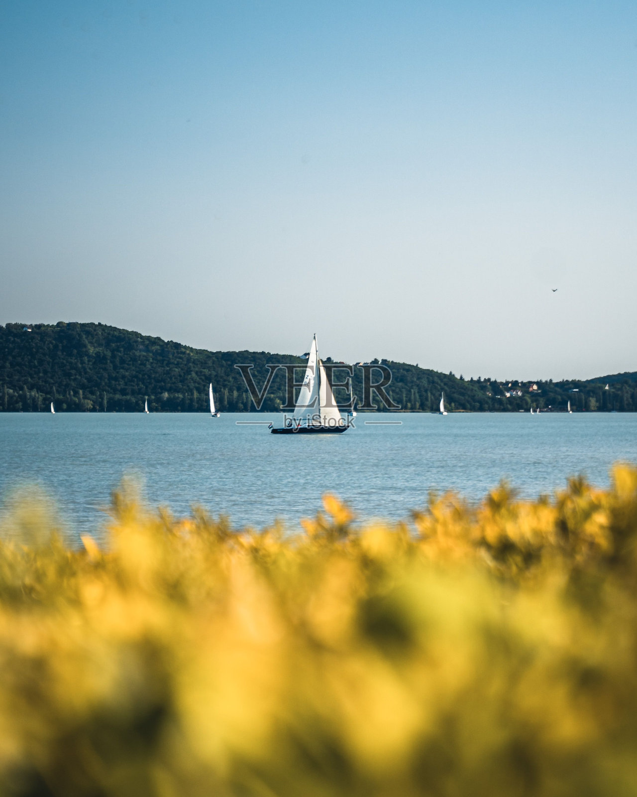 日出时，海中的一艘船的美丽景色照片摄影图片