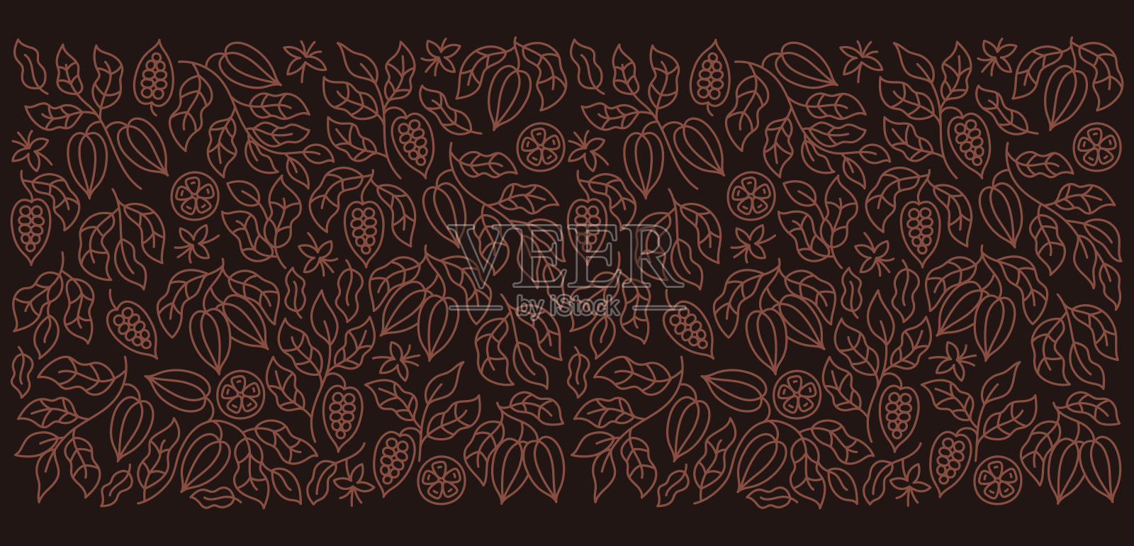 可可豆背景。巧克力包装花卉装饰。豆子和枝叶。可编辑的轮廓笔画。矢量线。插画图片素材