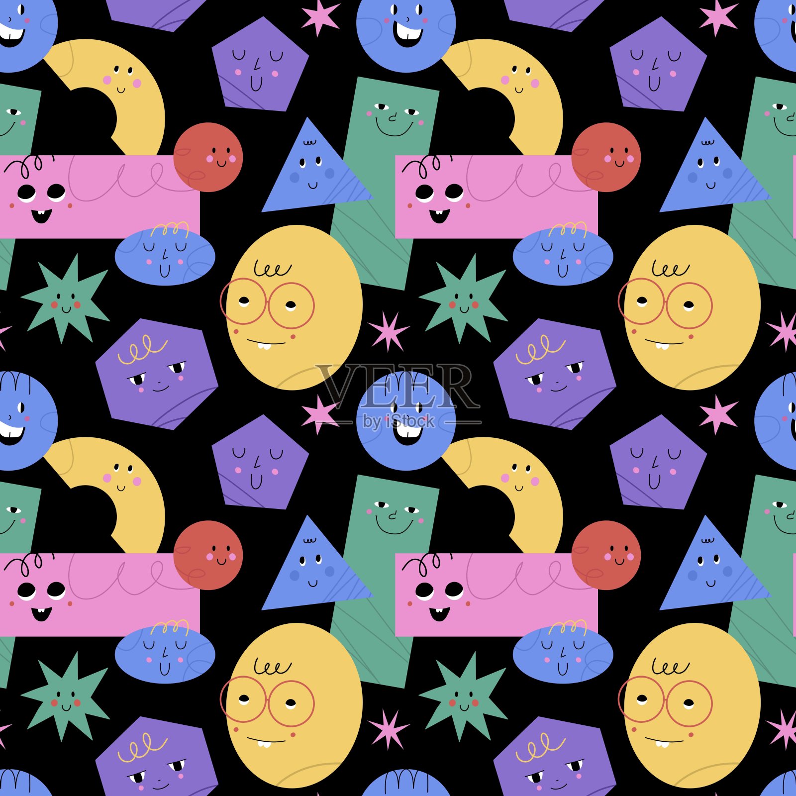 抽象几何字符图案。基本的数字，可爱的脸，有趣的表情符号。现代幼稚印花。无缝纹理。装饰纺织品，包装，墙纸矢量卡通涂鸦插图插画图片素材