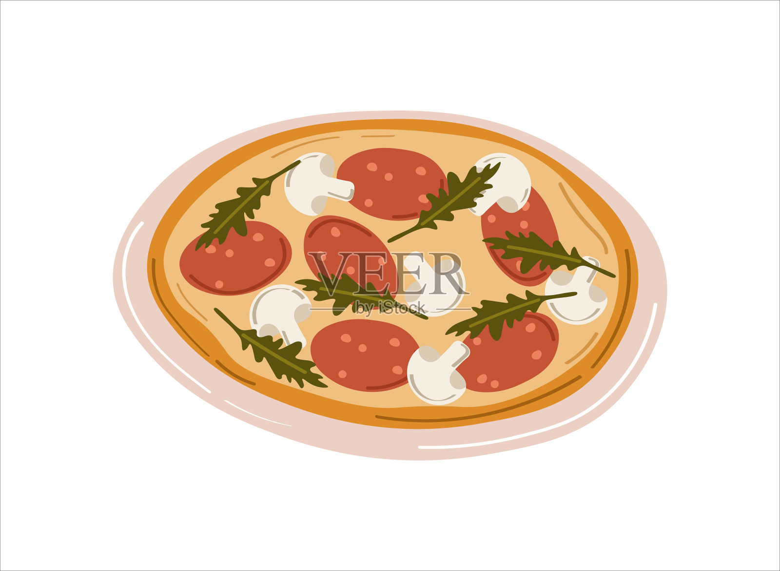 新鲜的披萨配奶酪，香肠，蘑菇，芝麻菜。传统的意大利快餐。矢量插图隔离在白色背景上。设计元素图片