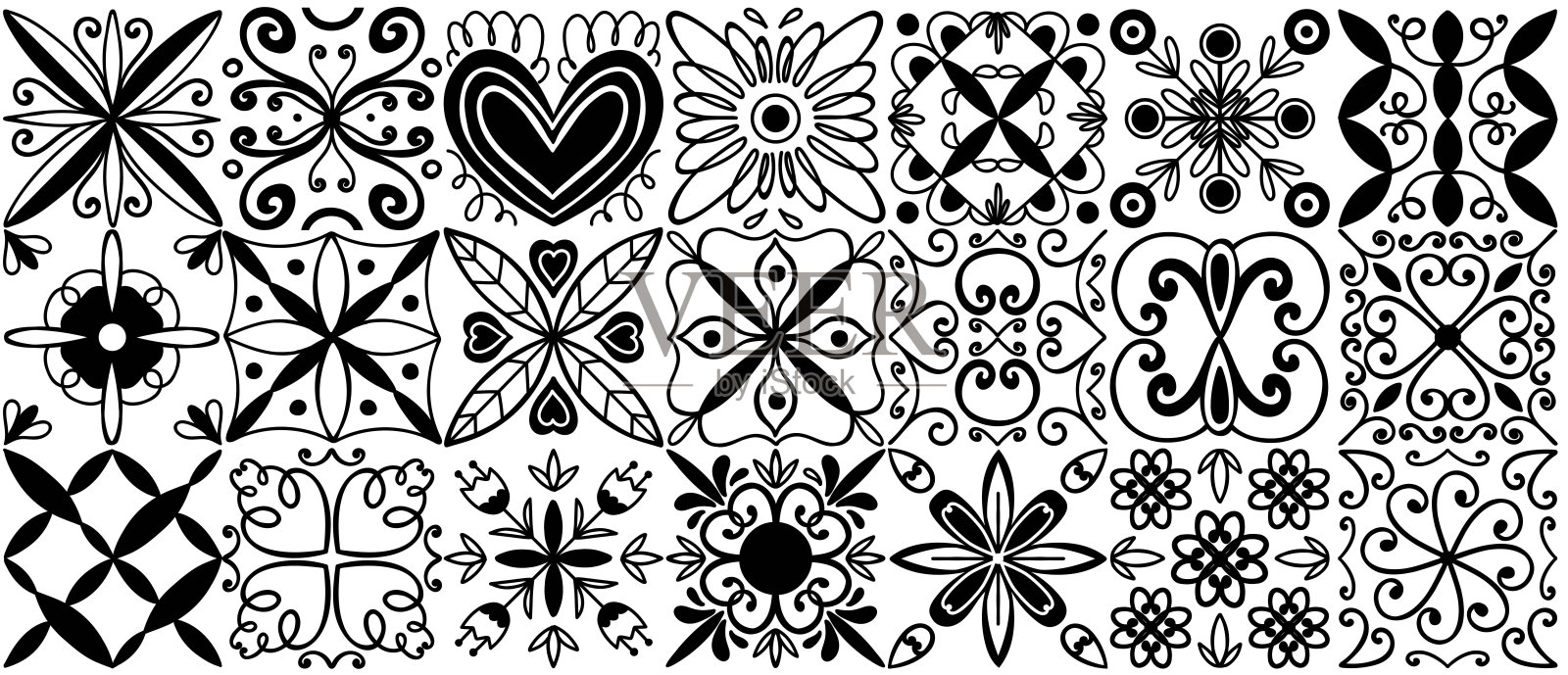 黑色瓷砖装饰。手绘曲线和花卉背景。地中海或阿拉伯陶瓷。建筑传统，标志模板，东方徽章或标志。马赛克元素矢量图插画图片素材