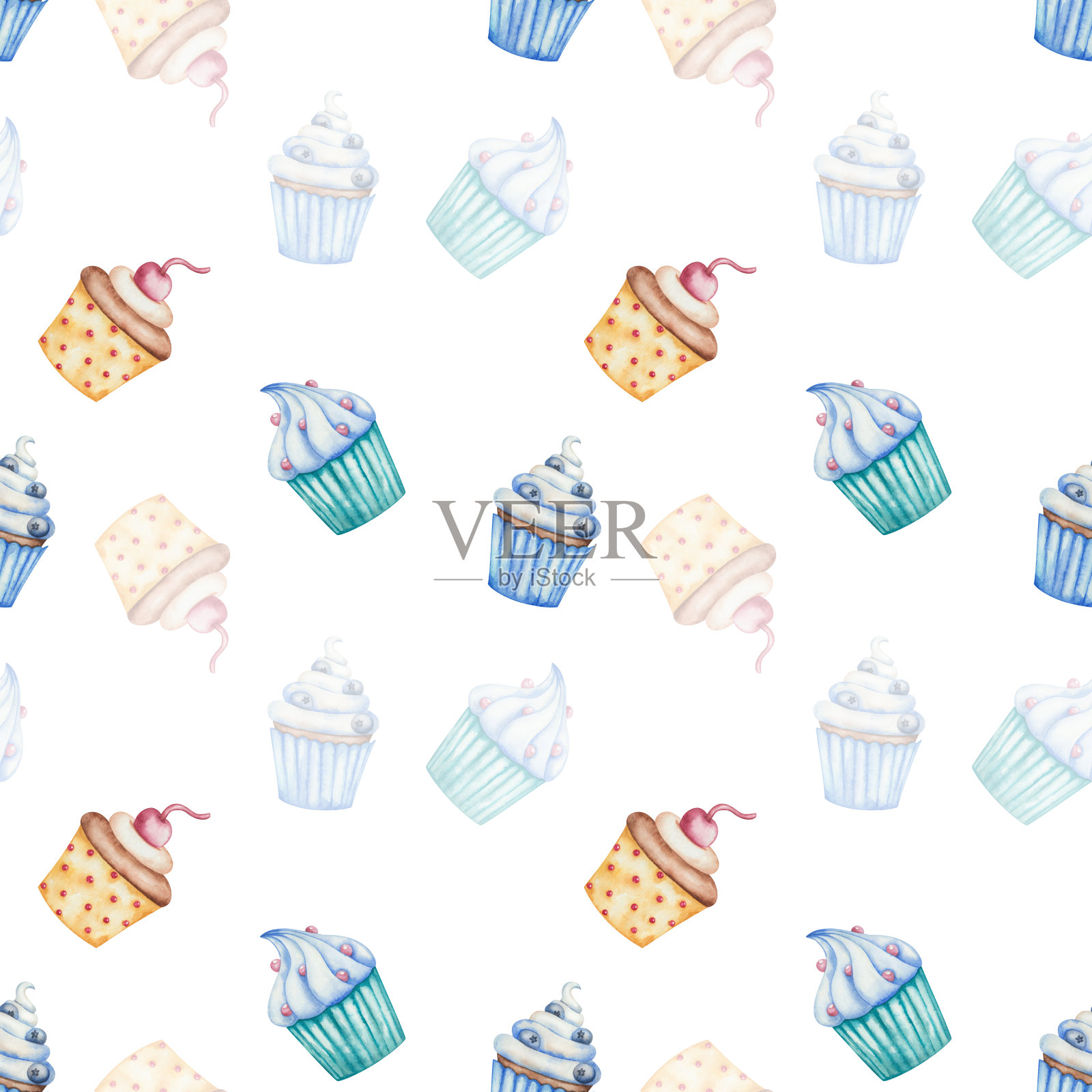 水彩无缝图案。手绘的蓝色，绿色和黄色纸杯蛋糕的插图，有蛋白霜，蓝莓，撒糖，樱桃。烤松饼加奶油。甜点。孤立的剪贴艺术的印刷品插画图片素材