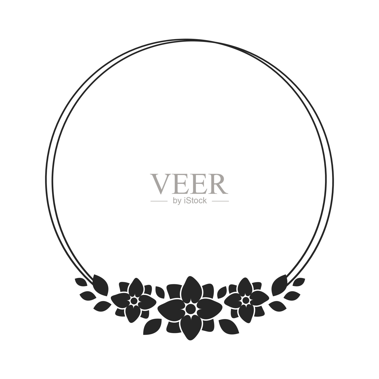 花圈框架模板。圆形边界藤蔓和手绘花卉图案。矢量圆边界与空间文本。设计元素图片
