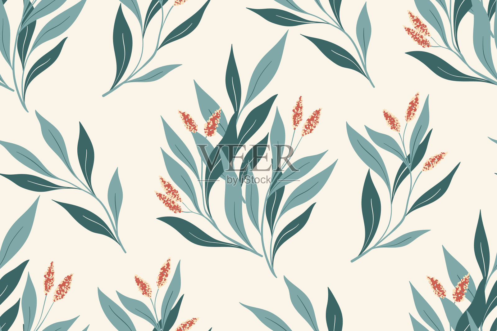 无缝花卉图案与乡村植物学:蓝色的花枝与大叶子在白色背景。向量。插画图片素材