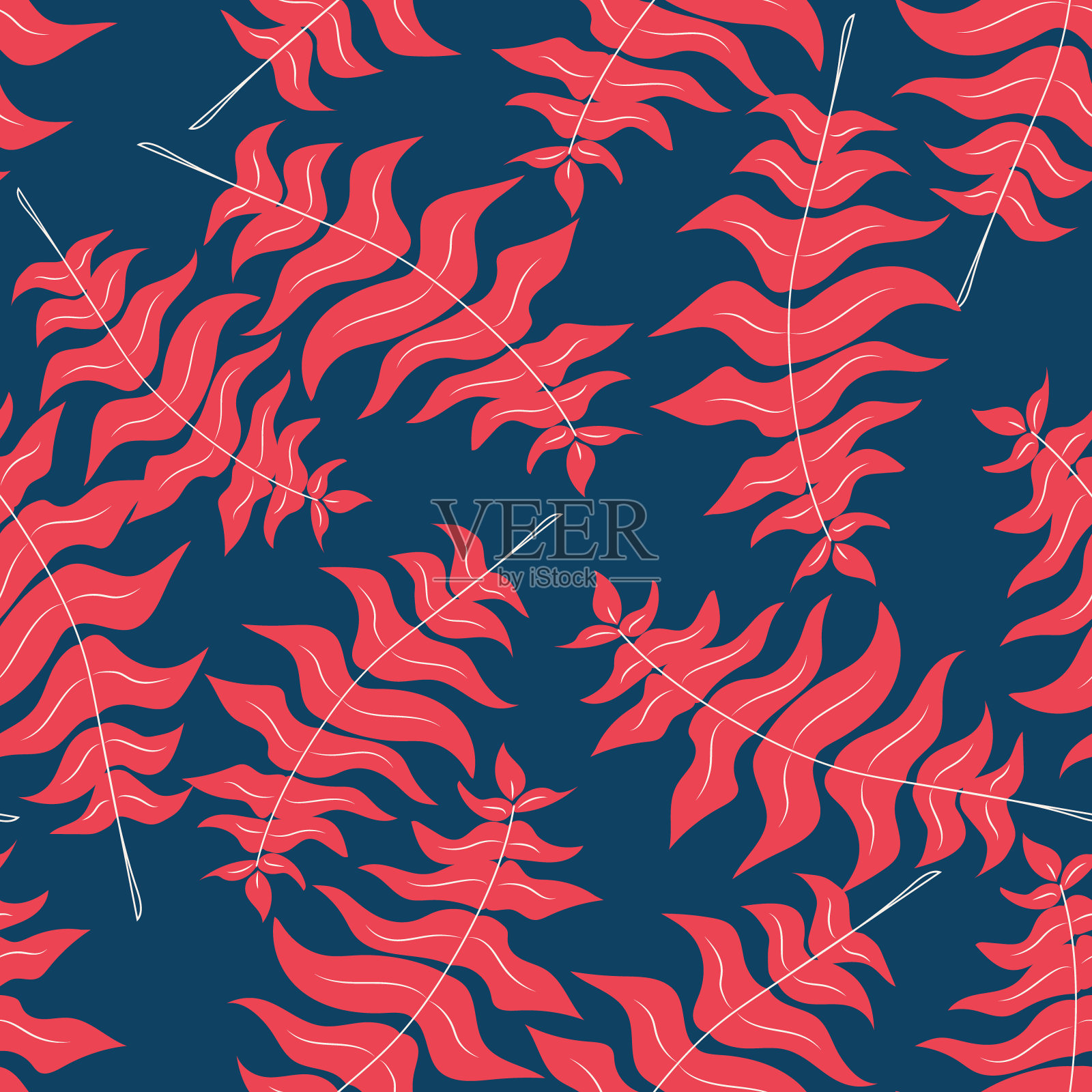 蓝色和鲑鱼美丽的叶子无缝模式插画图片素材