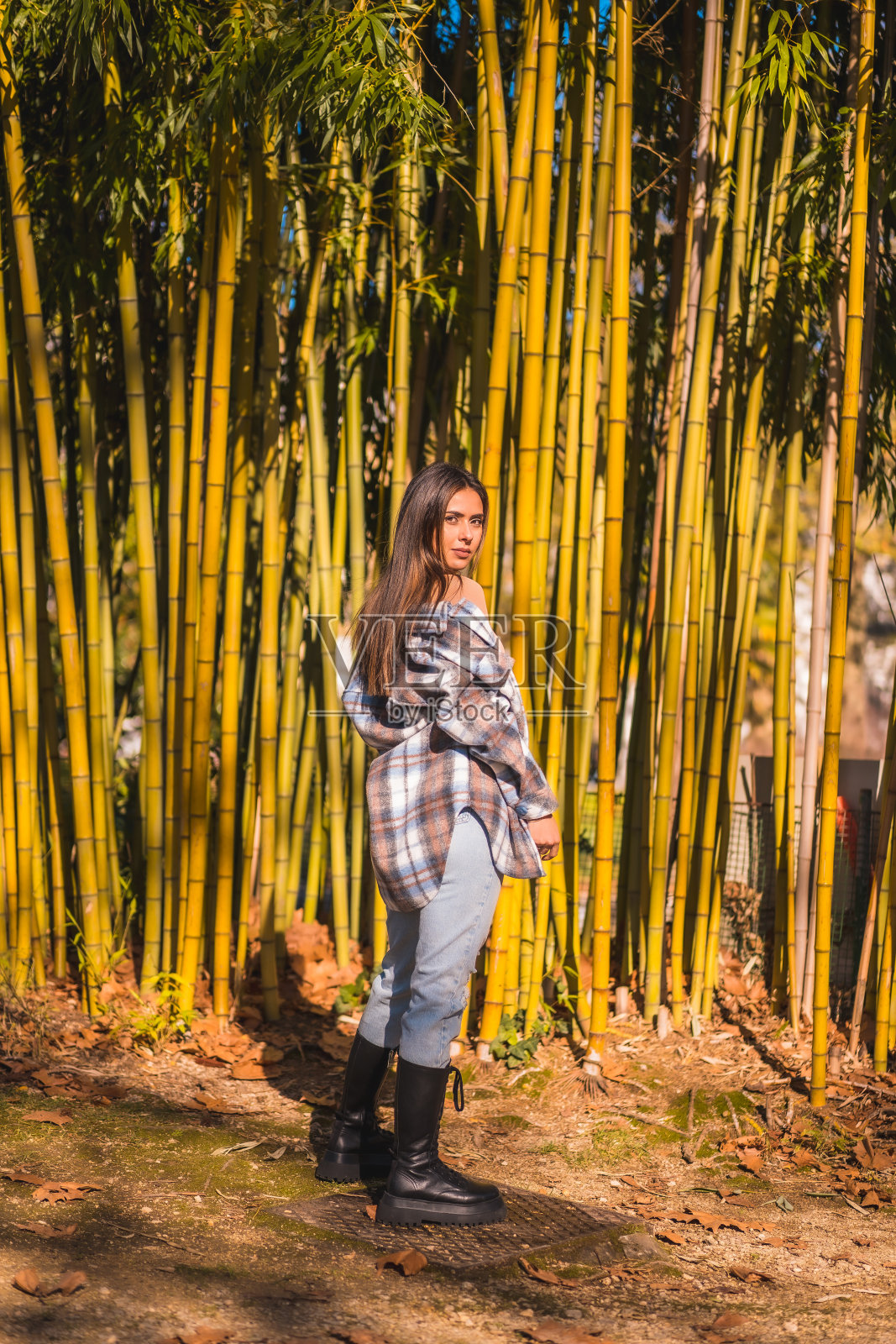 一个年轻的白种人黑发在竹林的垂直镜头照片摄影图片