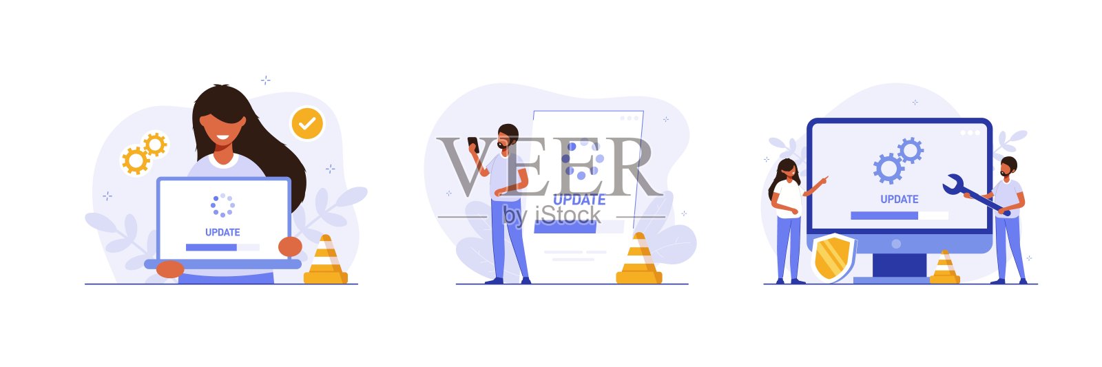 系统或web应用程序升级过程集。软件版本更新或更新过程的概念指示。收集平面彩色矢量插图横幅，海报。插画图片素材