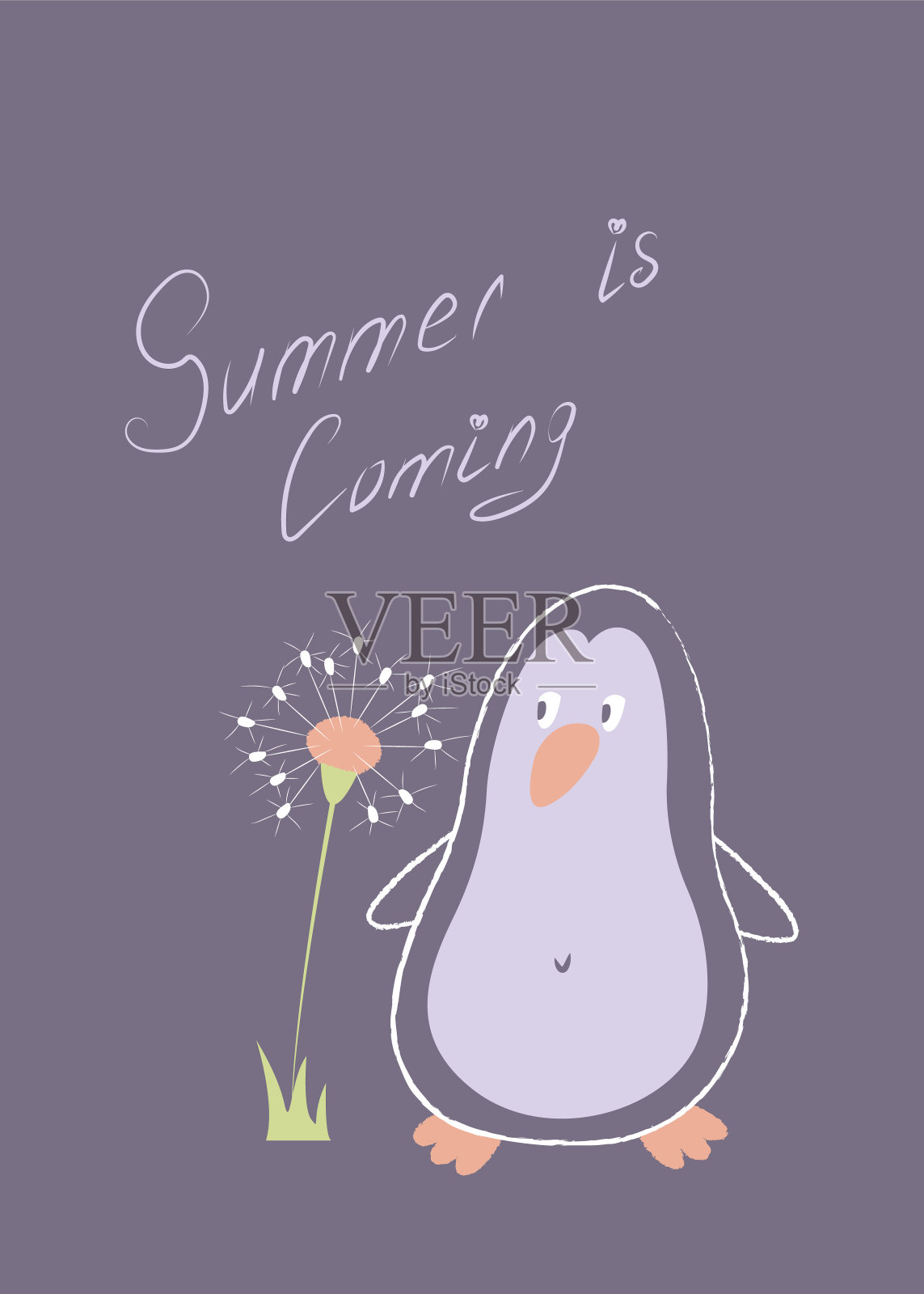夏天就要来了。可爱的卡通紫色企鹅惊讶地看着蒲公英花。美丽的夏季或春季明信片，海报。送给朋友、爱人、家人一份舒适又有趣的礼物插画图片素材