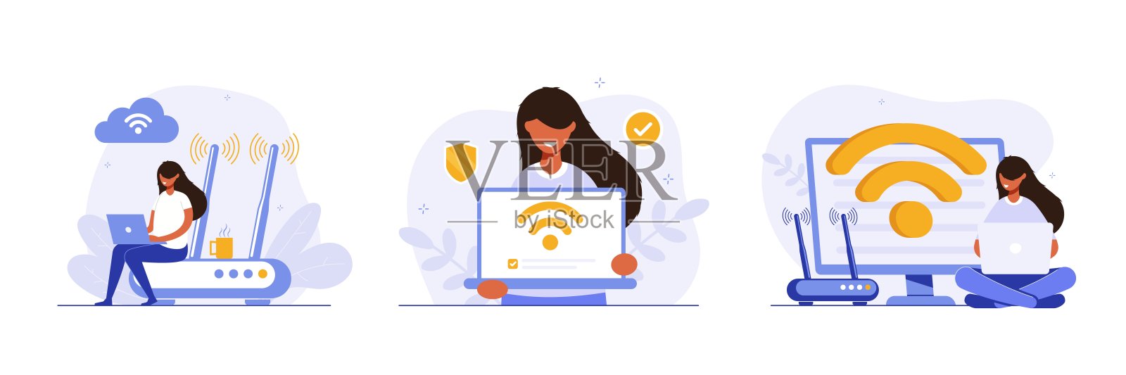 移动网络概念集，无线互联网连接技术。无线插图。人们使用设备连接互联网网络现代彩色平面矢量插图海报，横幅。插画图片素材
