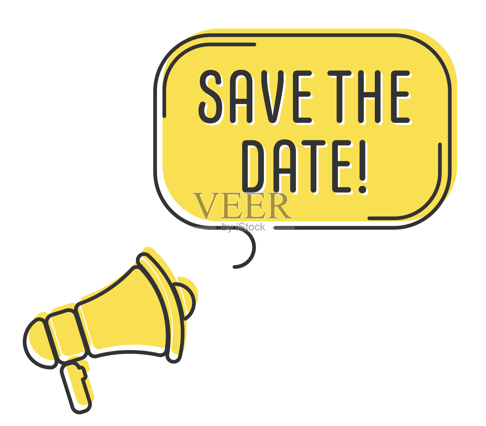 语音气泡与扩音器，信息，文本保存日期。扩音器公告与流行的黄色形状。插画图片素材