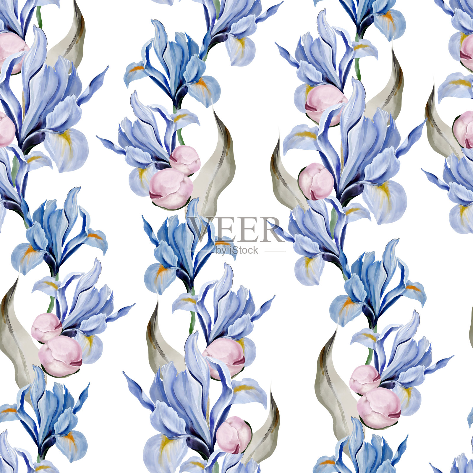 牡丹与鸢尾花无缝花纹，绿叶绿叶。鲜花婚礼卡片。水彩插画图片素材