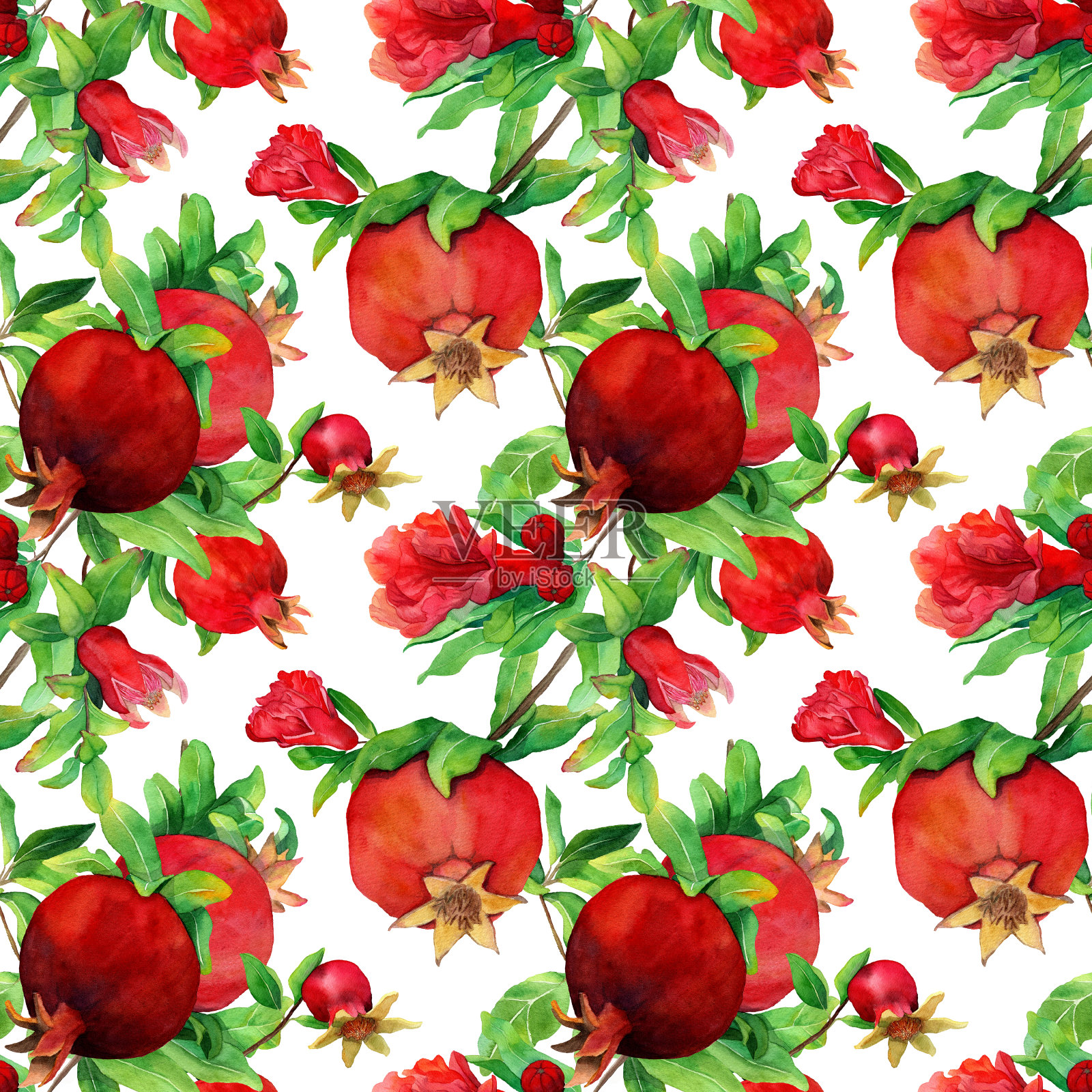 无缝图案与水彩手绘红石榴。带叶和花的水果插画图片素材