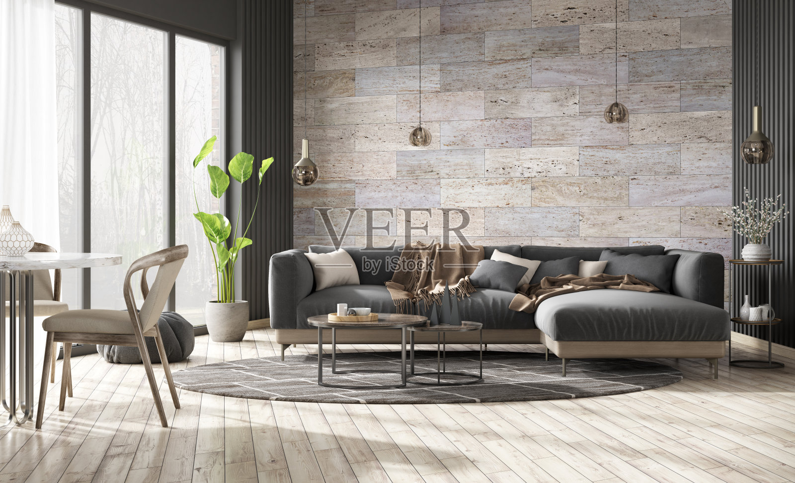 室内设计现代化的公寓，客厅用黑色沙发越过石瓦墙。家庭内部。三维渲染照片摄影图片