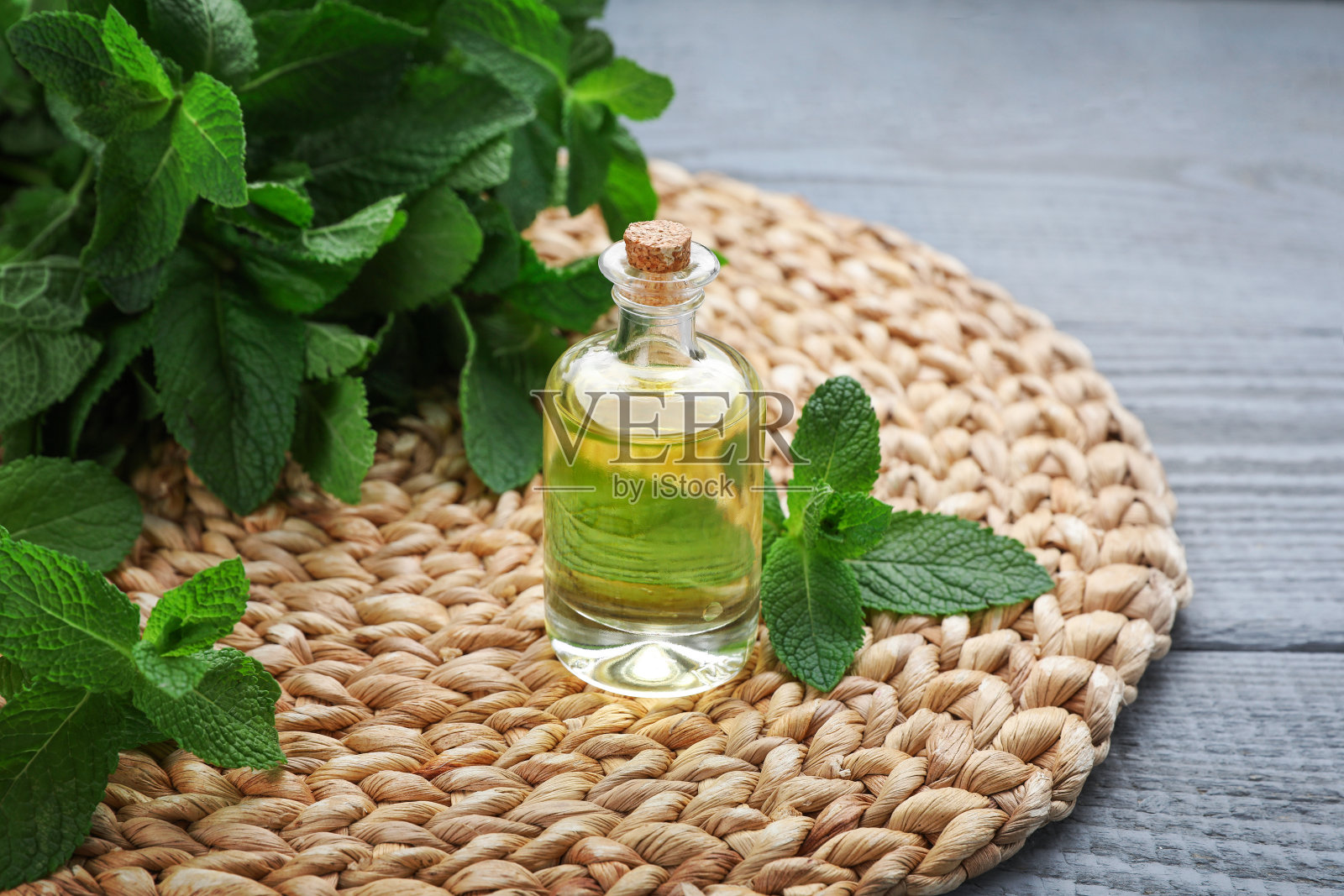 灰色木桌上放着一瓶精油和薄荷，特写照片摄影图片