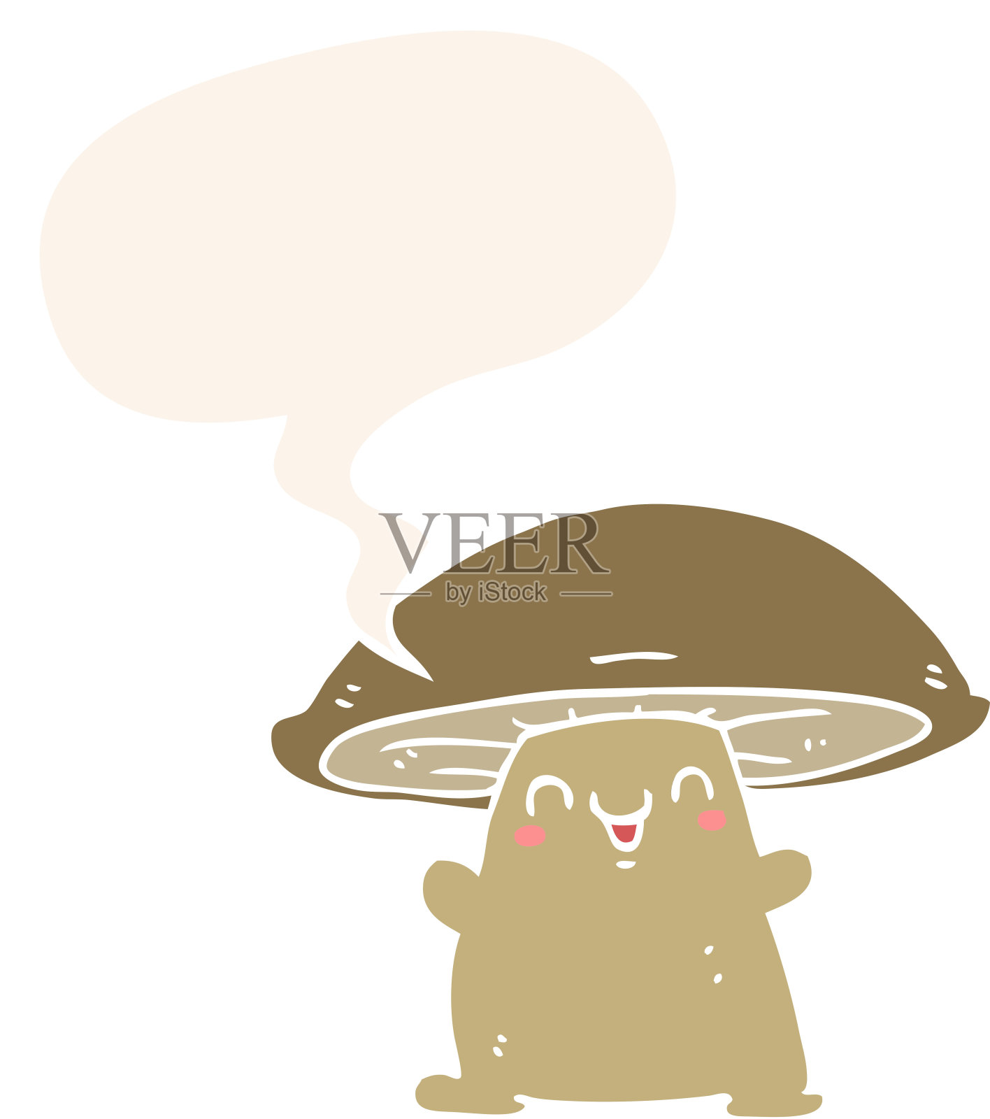卡通蘑菇人物与语音泡泡在复古风格插画图片素材