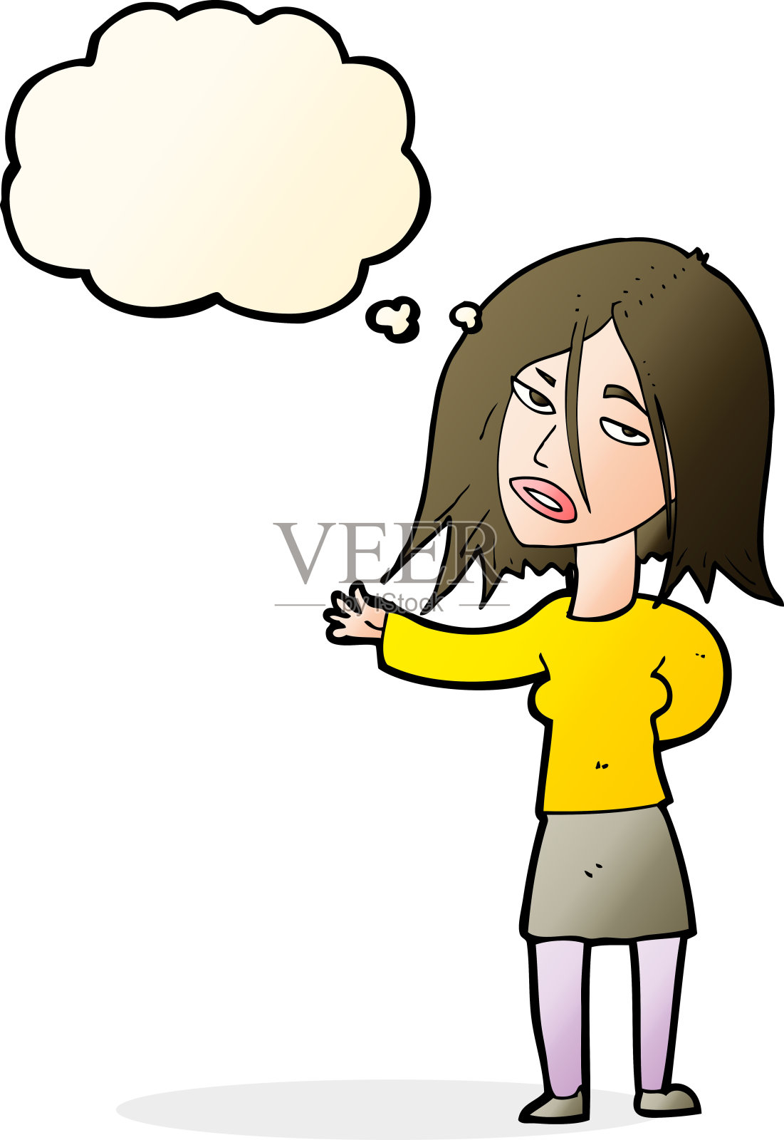 卡通不快乐的女人与思想泡泡插画图片素材