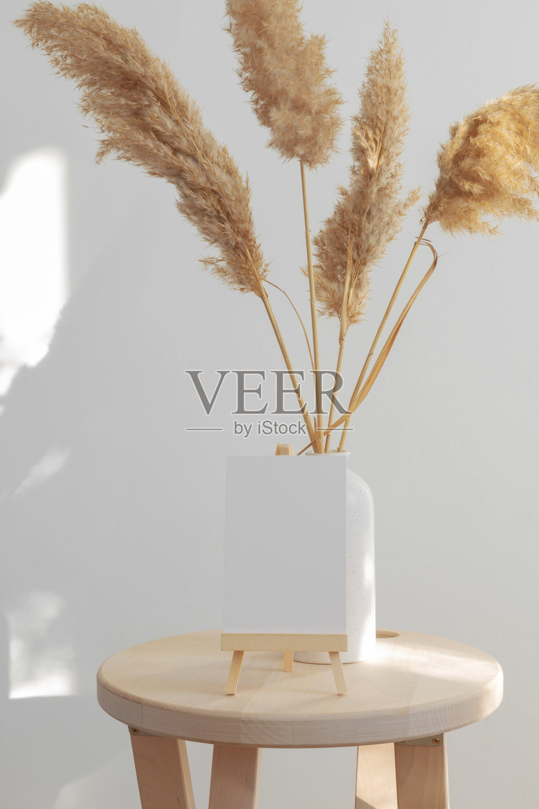 木椅上的潘帕斯草和白色的文字标志，背景是白色的墙壁。室内极简主义照片摄影图片