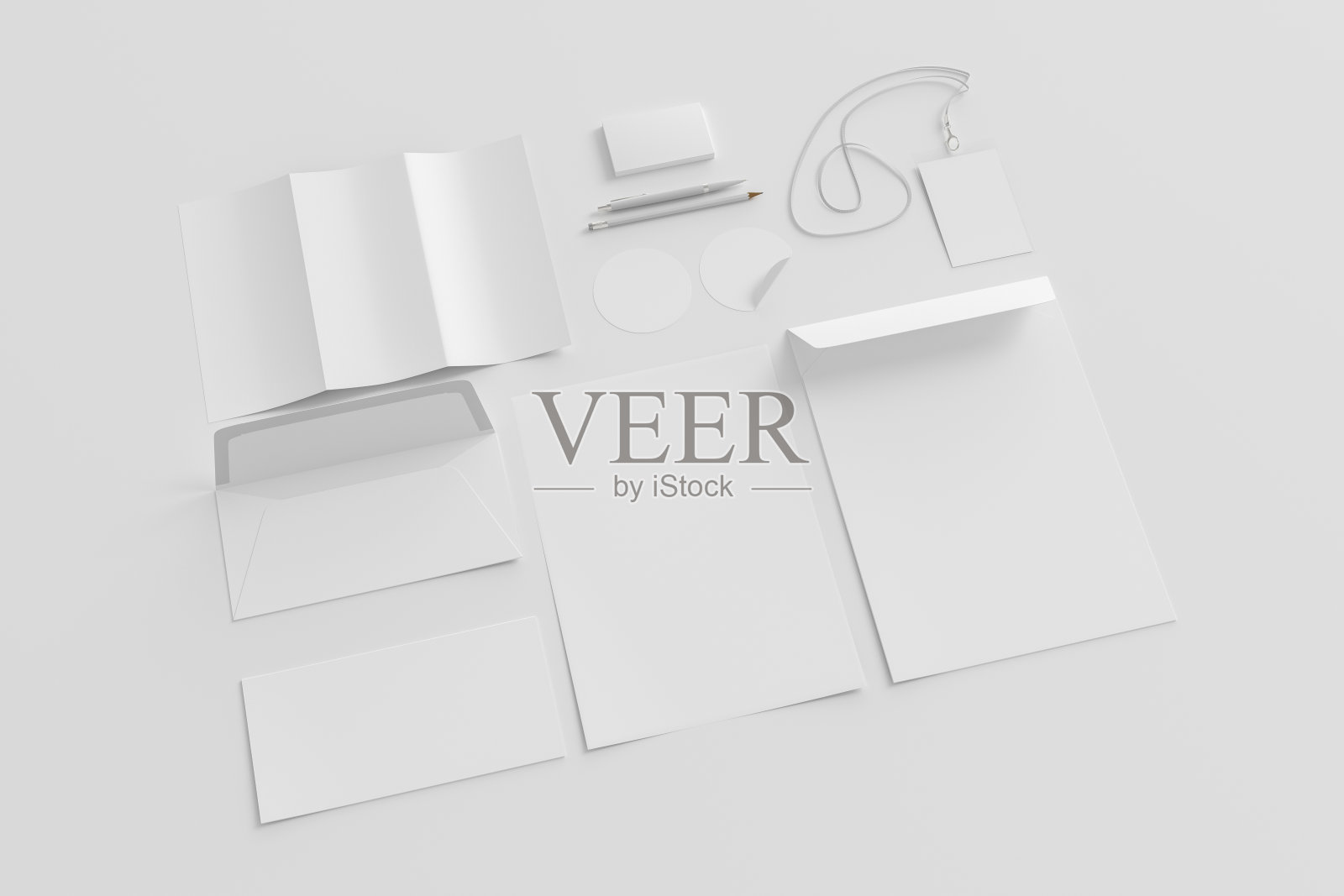 空白企业文具集样机在白色背景。品牌模拟。侧视图照片摄影图片