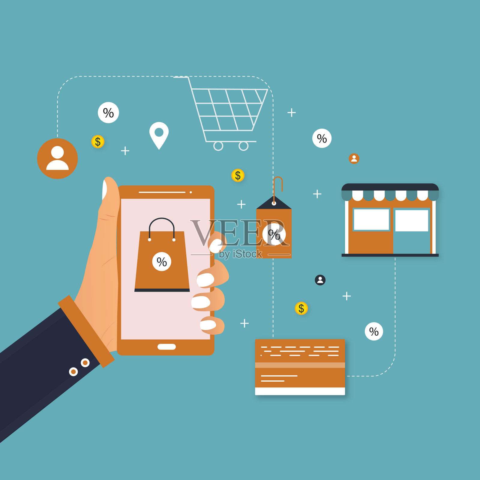 她手机上的网购app，是网购和电子商务概念的载体插画图片素材