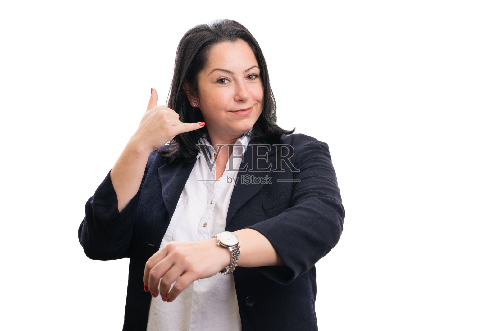 女商人微笑着展示手表做呼叫手势照片摄影图片