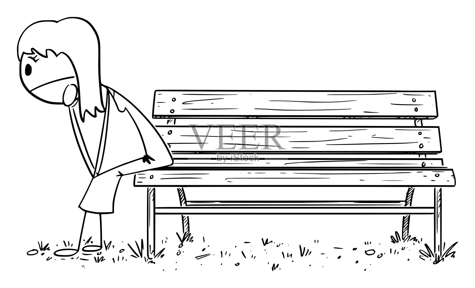 沮丧孤独的女人矢量卡通火柴人插图插画图片素材