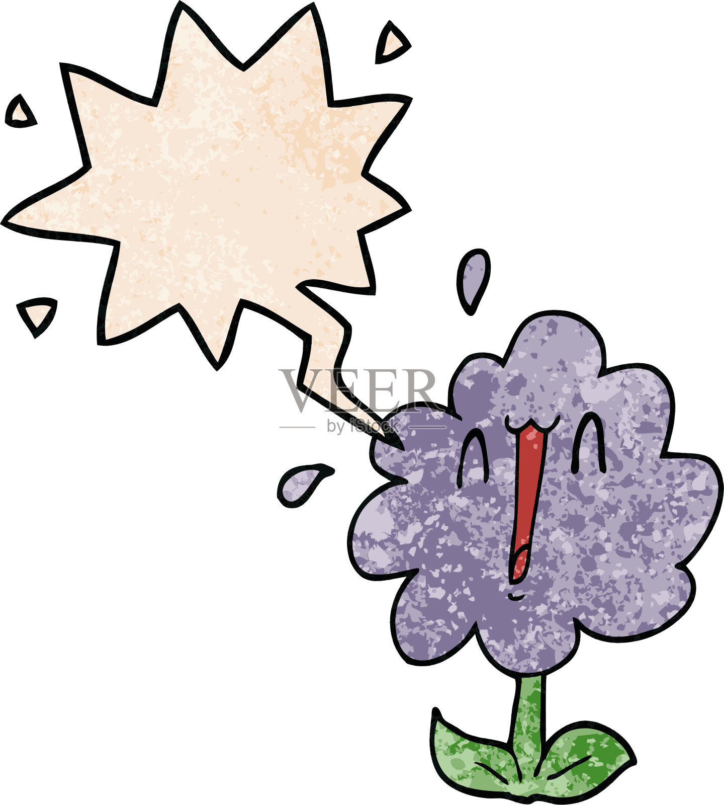 卡通花与语音泡泡在复古的纹理风格插画图片素材