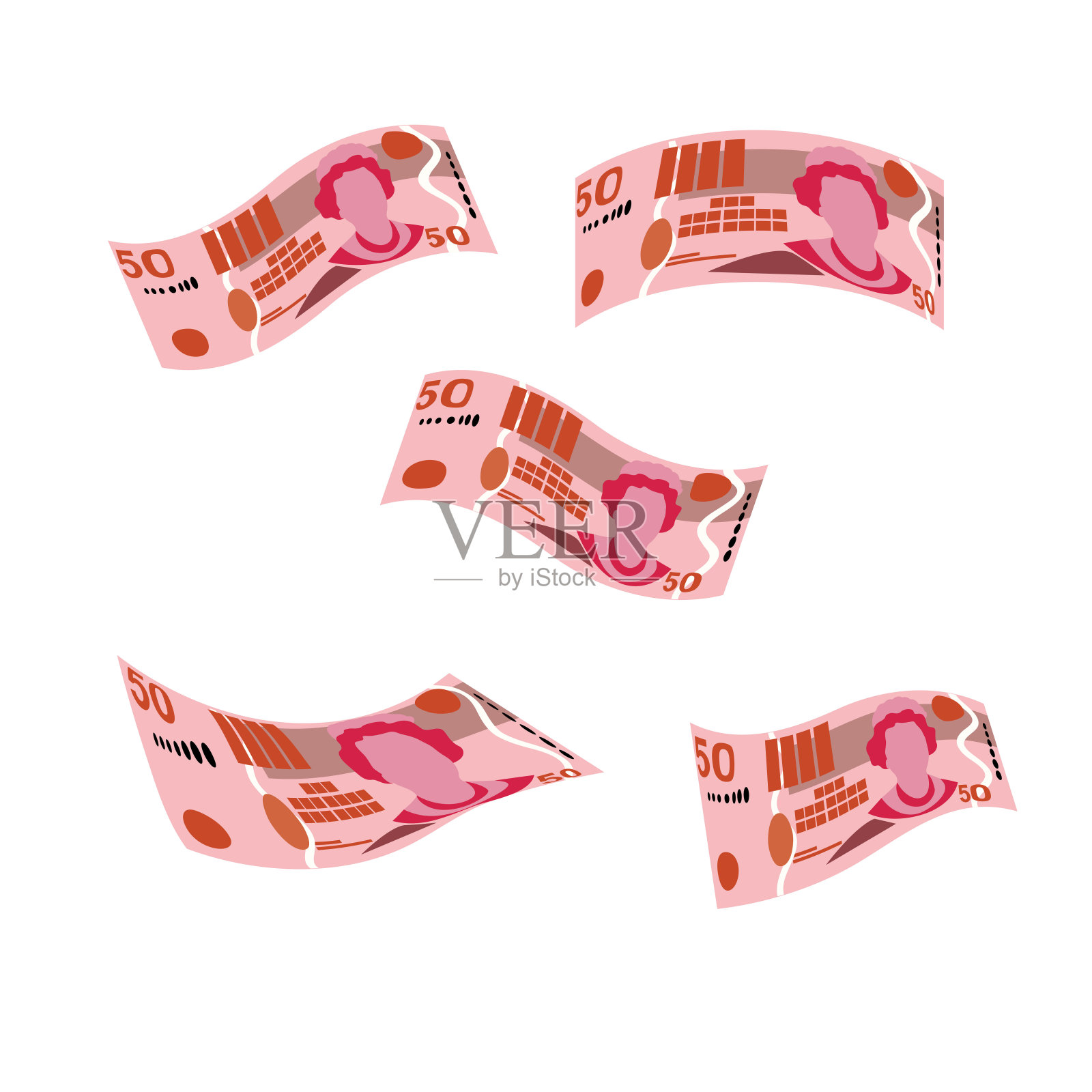 斐济元矢量插图。斐济货币集捆绑钞票。下落，飞钱50 FJD。平的风格。孤立在白色背景上。简单的最小设计。插画图片素材