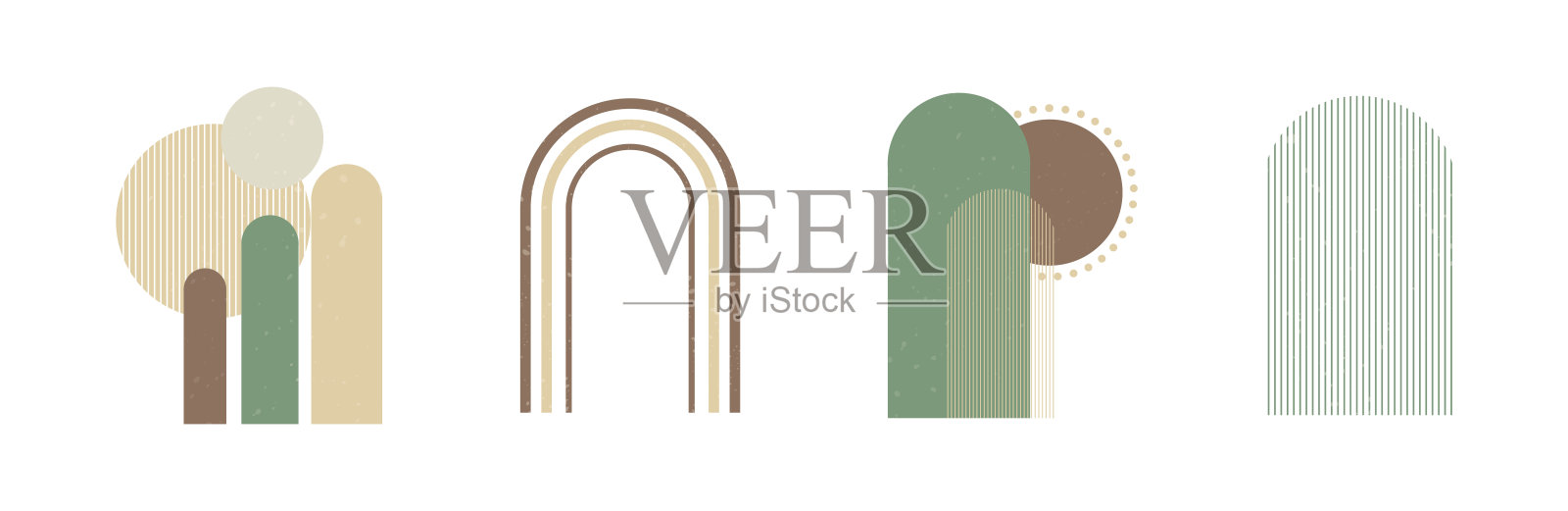 集波西米亚几何、极简设计元素。带有纹理的抽象形状。现代美学。绿色有机墙壁装饰，封面，印刷，卡片，品牌设计。插画图片素材