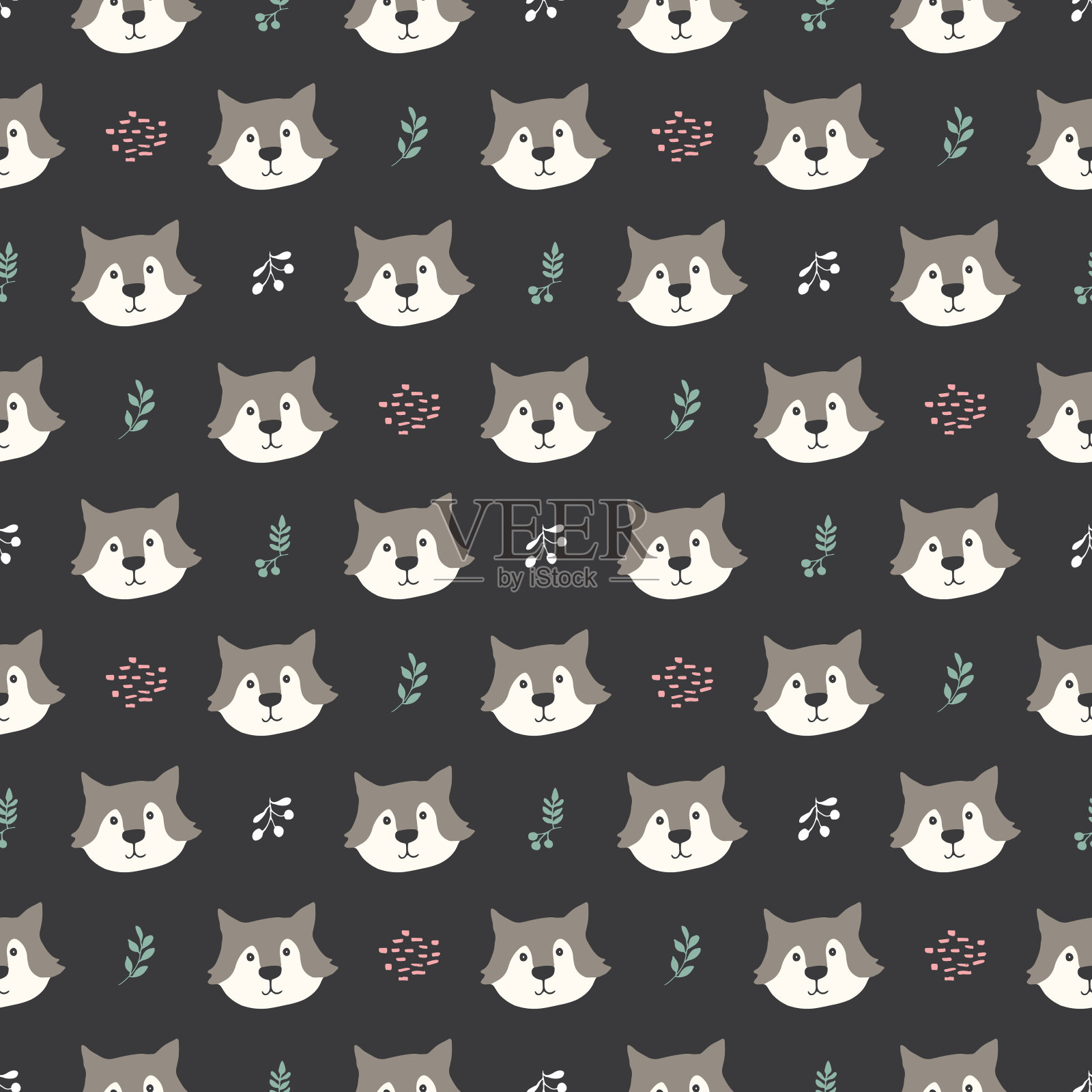 可爱的狼无缝图案。森林背景中的卡通动物。矢量图插画图片素材