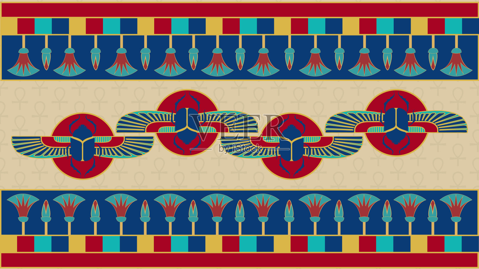 古埃及装饰圣甲虫和莲花与十字纹样-插图矢量背景插画图片素材