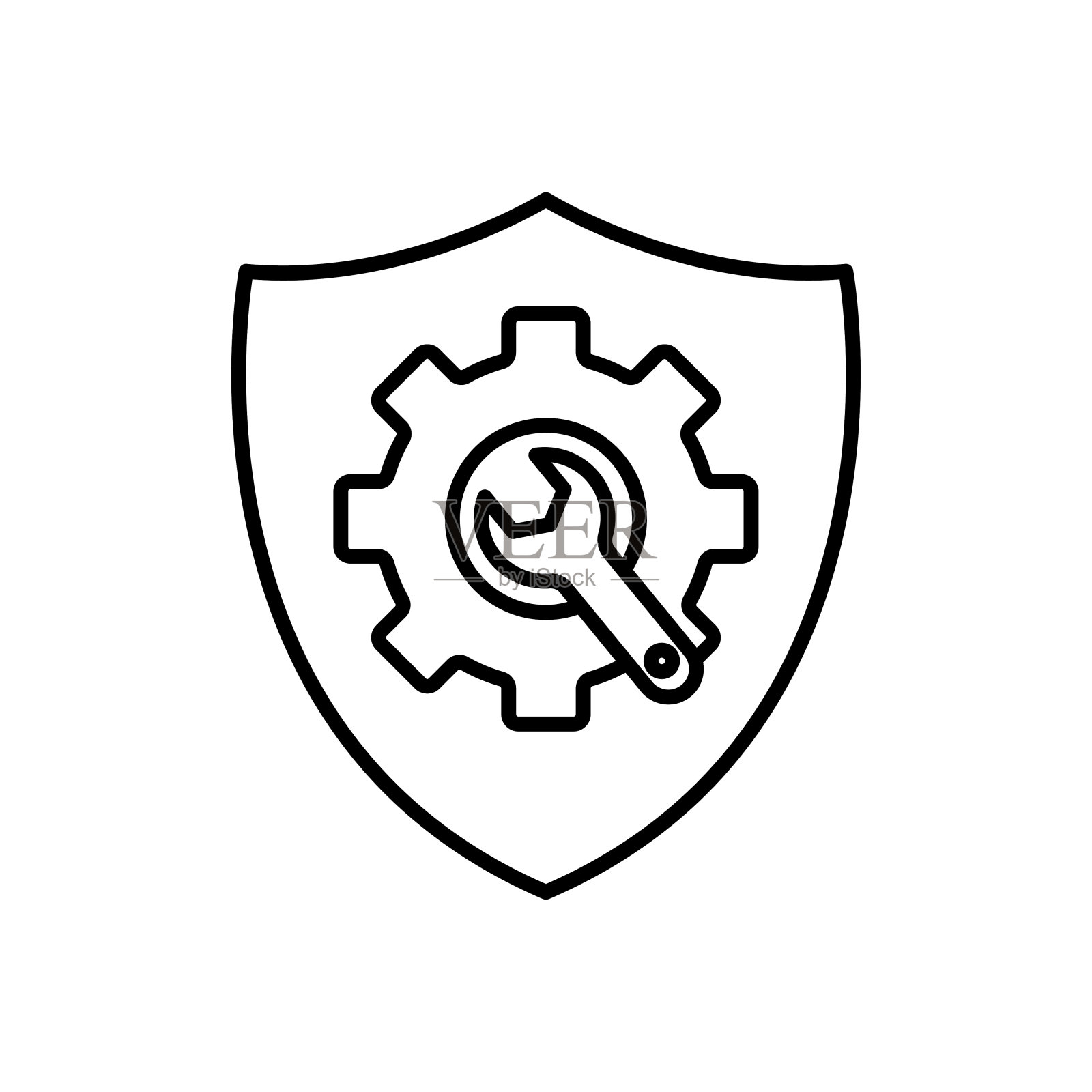 盾牌图标说明齿轮和扳手。工具相关图标。轮廓图标样式。简单的矢量设计可编辑图标素材