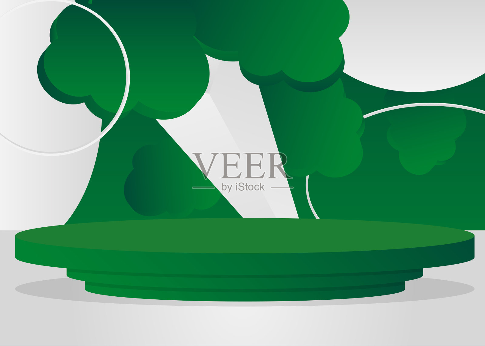 绿色和白色科幻矢量3D产品显示。舞台展示。未来主义的房间，圆柱形基座讲台。演示用的模型。最小的几何形式，空的场景。插画图片素材