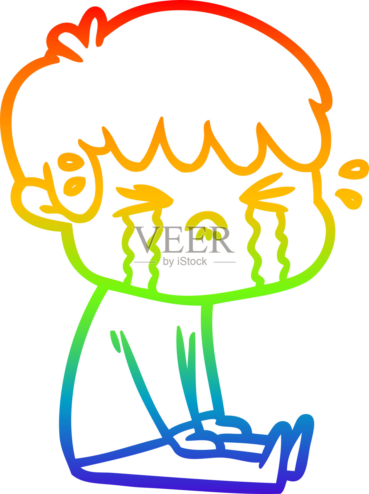 彩虹渐变线画一个卡通男孩哭插画图片素材