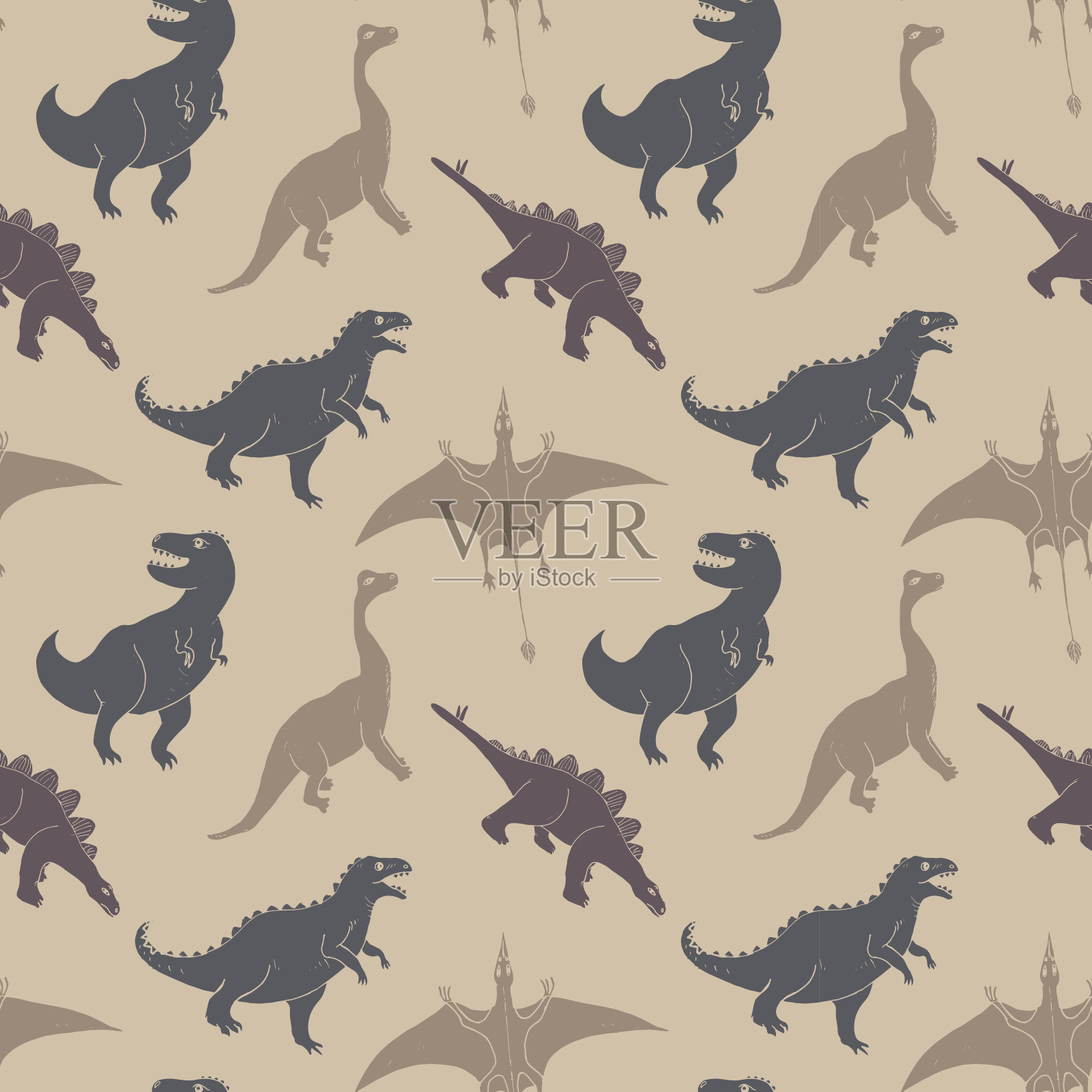 恐龙无缝模式，可爱的卡通恐龙涂鸦矢量插图插画图片素材