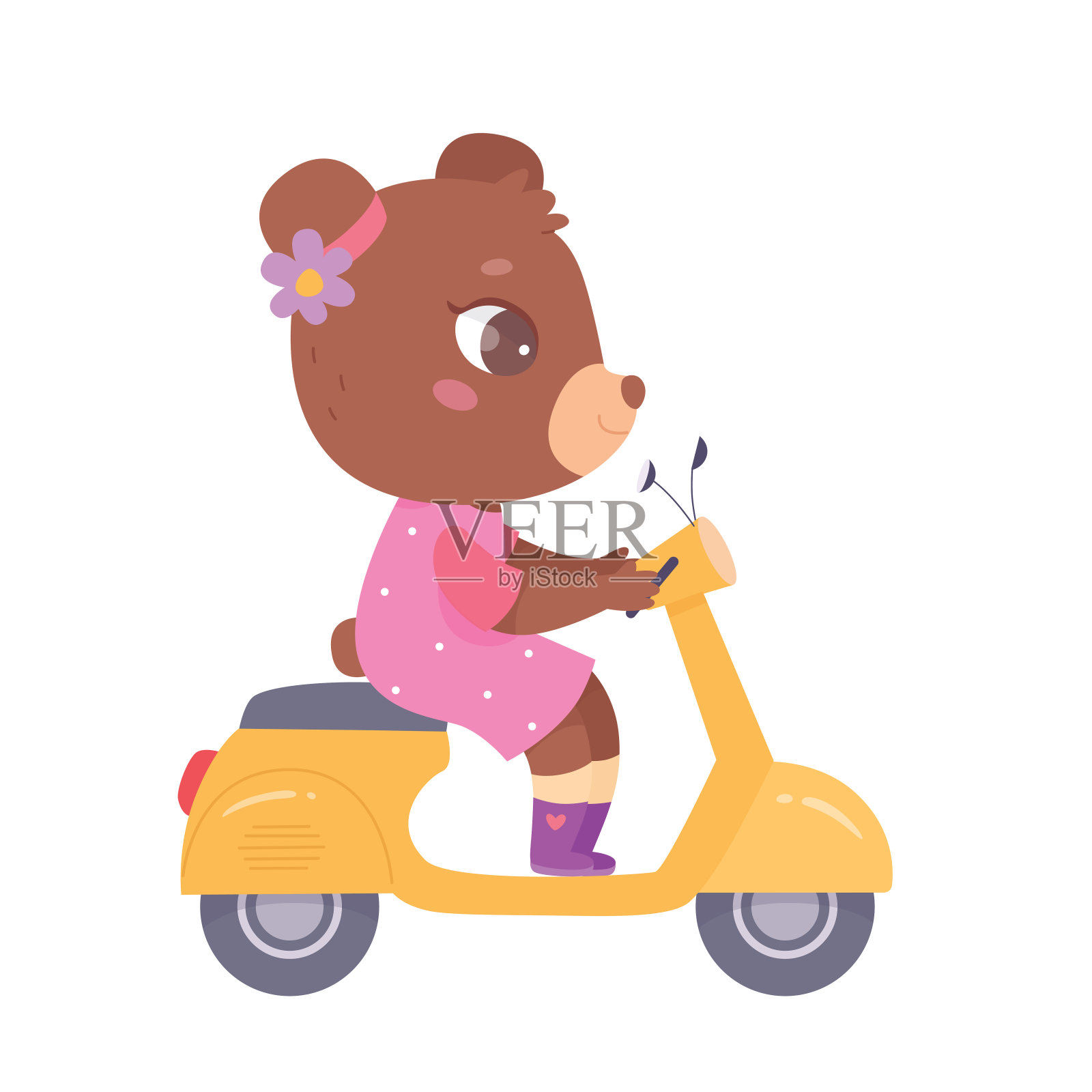 可爱的熊骑摩托车，小女孩动物与蝴蝶结和连衣裙坐在助力车插画图片素材