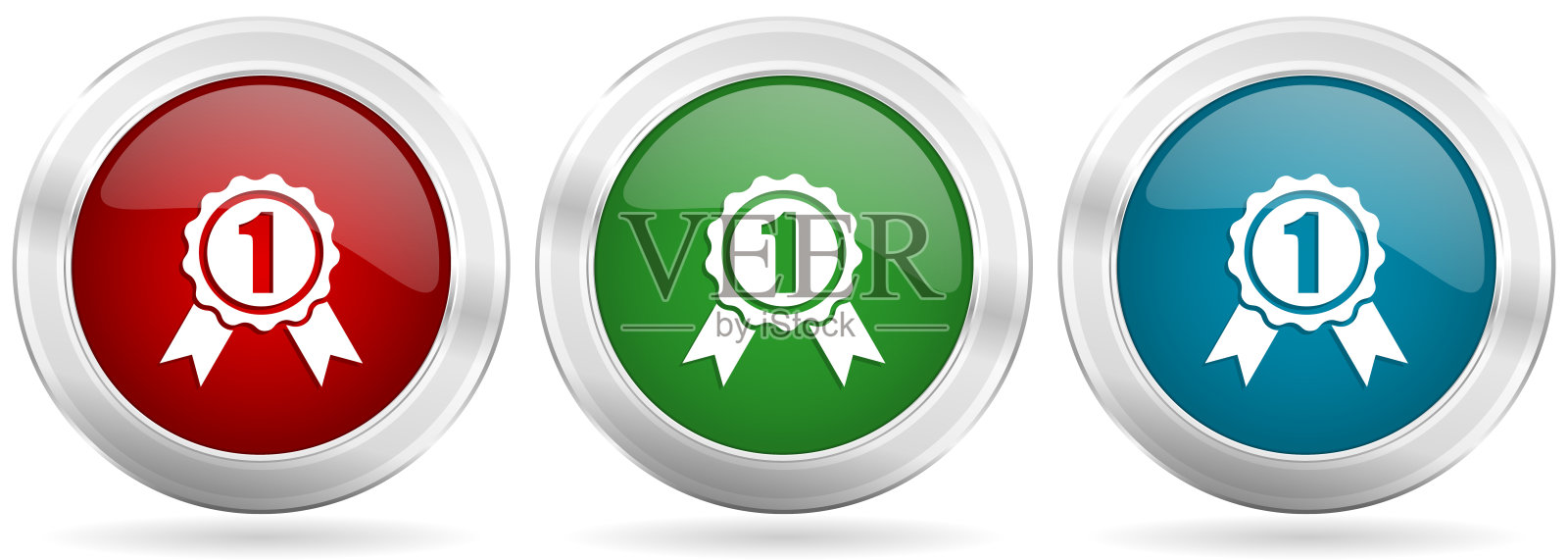 徽章，首先，第一个矢量图标集。红色，蓝色和绿色银色金属网按钮铬边框插画图片素材