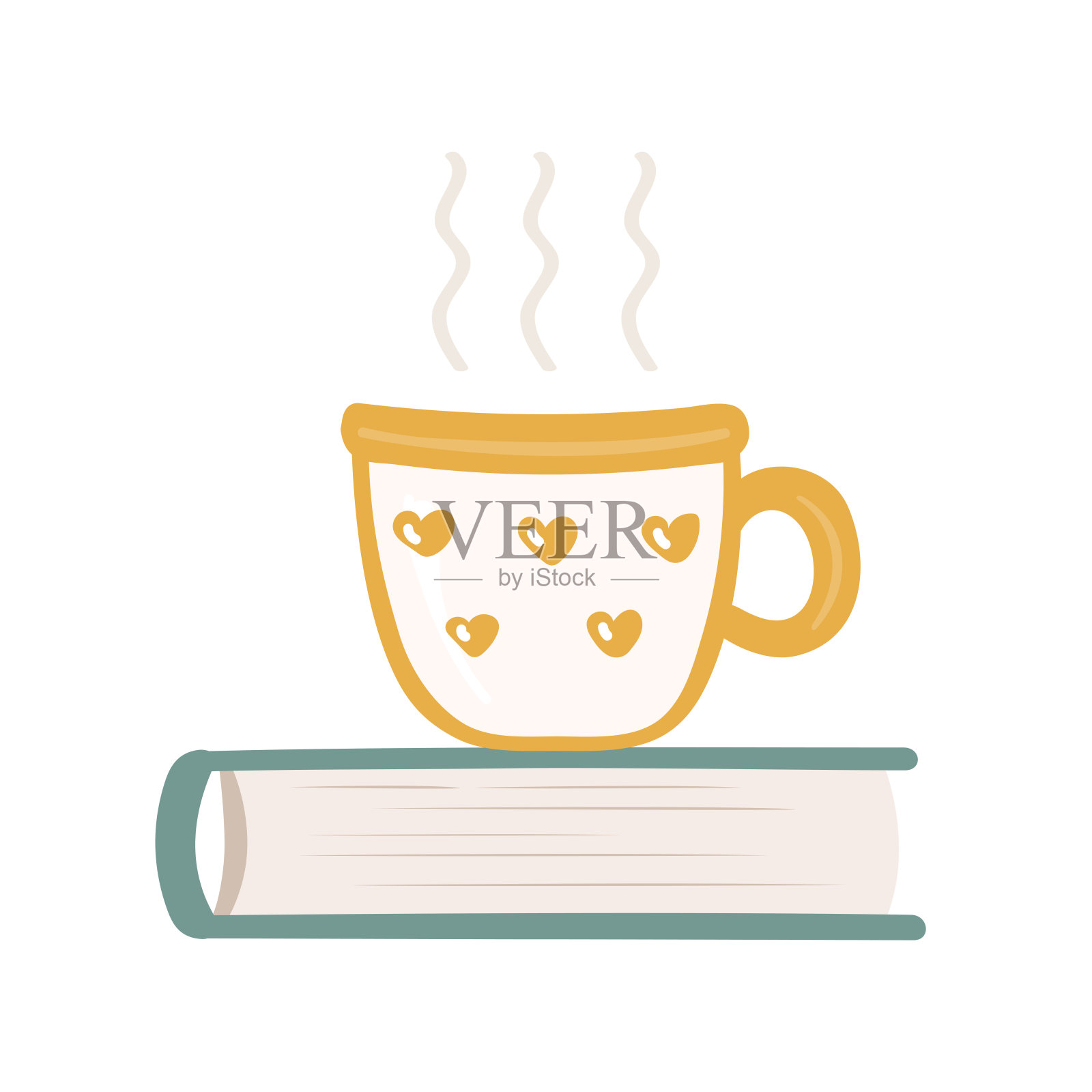 一杯热饮站在合上的精装书或教科书上。阅读，hygge，舒适的概念，矢量插图孤立在白色。插画图片素材