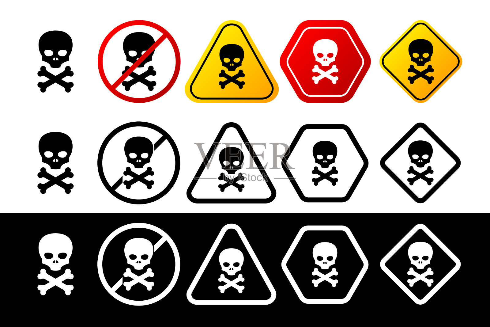 收集不同颜色和设计的头骨和骨骼警告标志。危险标志，警告标志，注意标志。注意图标警告危险。矢量插图。图标素材