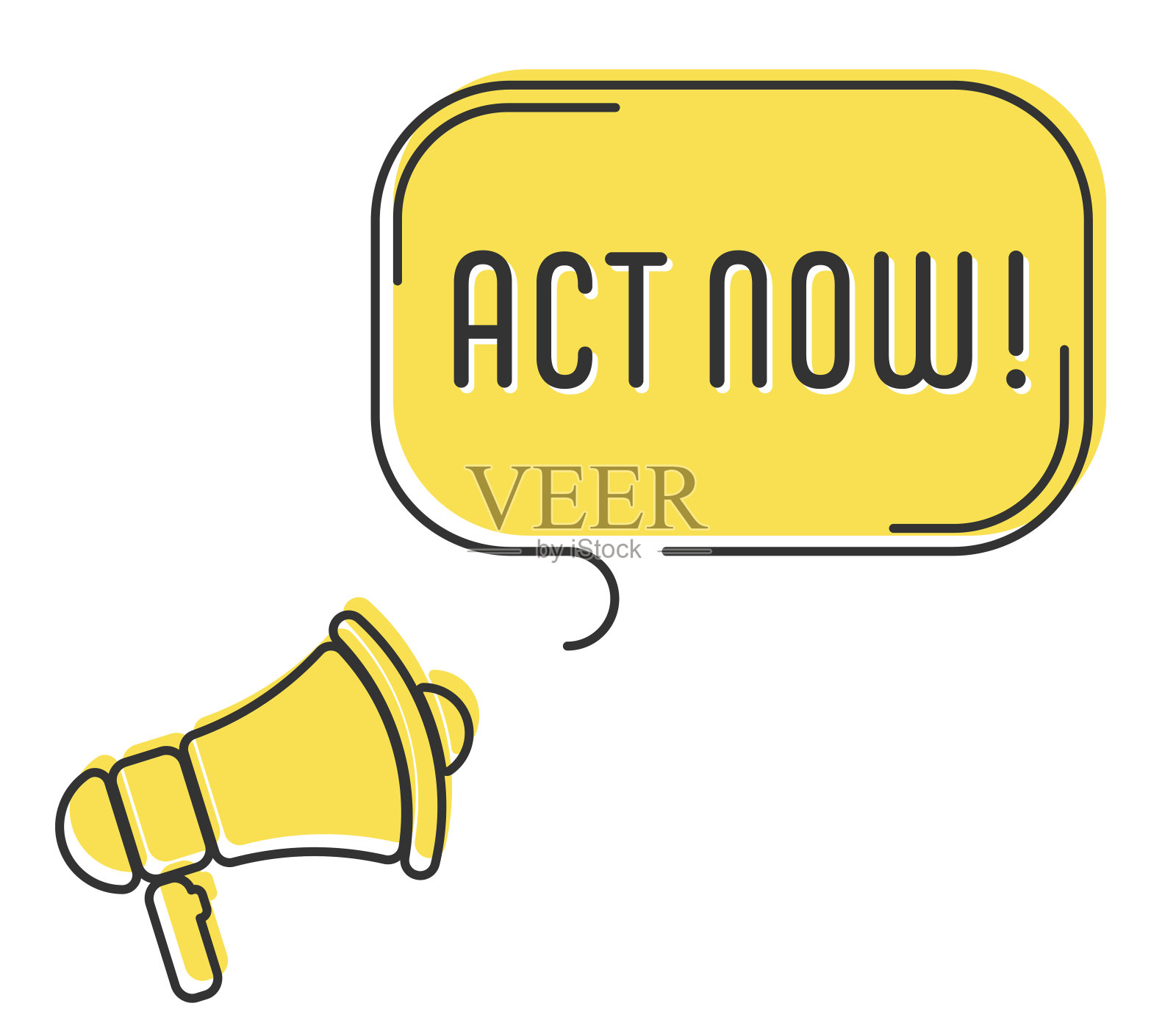 语音气泡与扩音器，信息，文本行为现在。扩音器公告与流行的黄色形状。插画图片素材