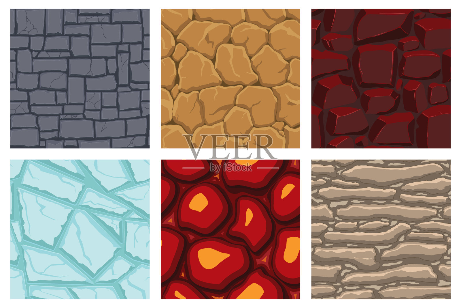 卡通游戏纹理，熔岩，冰，岩石和砖，污垢和地面表面无缝模式。游戏资产墙壁和环境背景插画图片素材