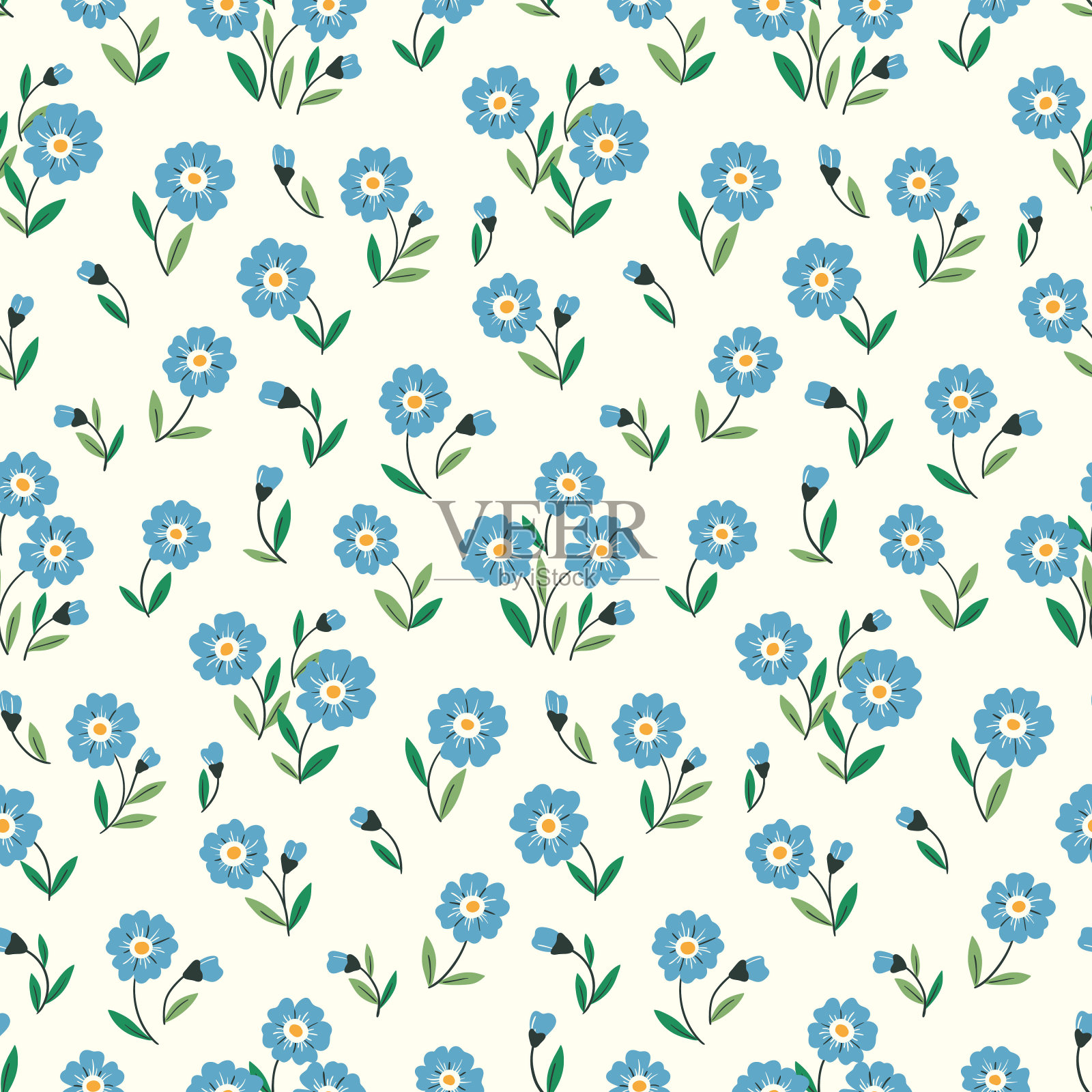无缝花卉图案与小蓝色花朵在白色背景。向量。插画图片素材