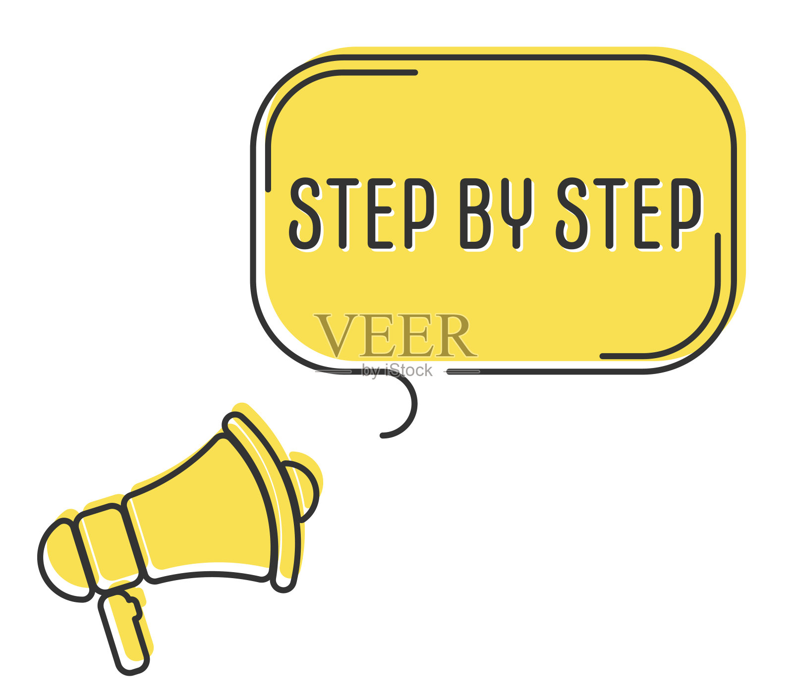 语音气泡与扩音器，信息，文字一步一步。扩音器公告与流行的黄色形状。插画图片素材