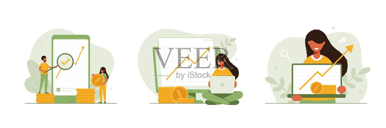 分析师查看收益增长图表。营销数据分析集。商业利润报告。成功的投资:资本或金钱的成功投资现代平面彩色矢量插图横幅，海报。插画图片素材