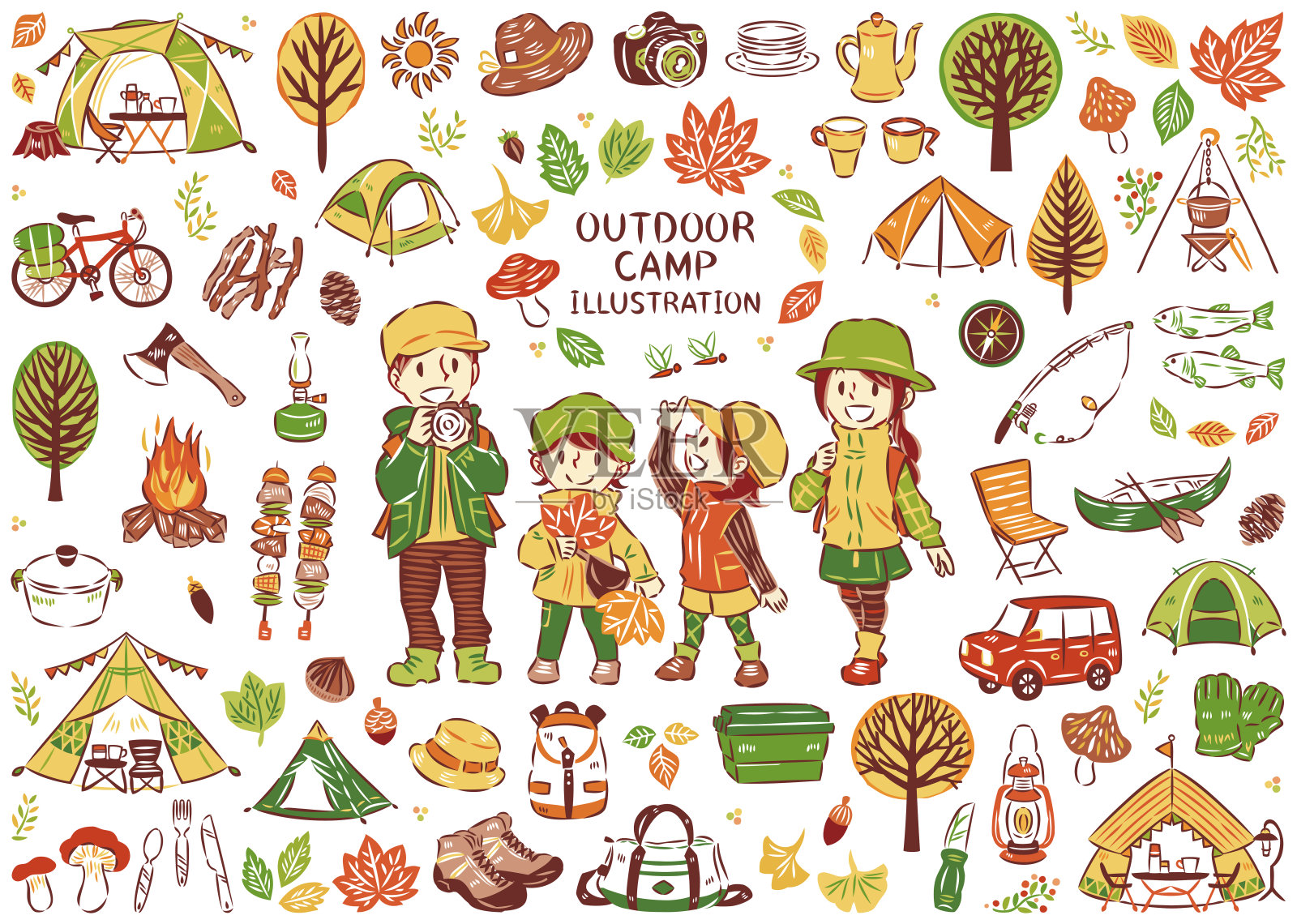 秋叶狩猎户外休闲营地烧烤家庭图标插图集与主插画图片素材