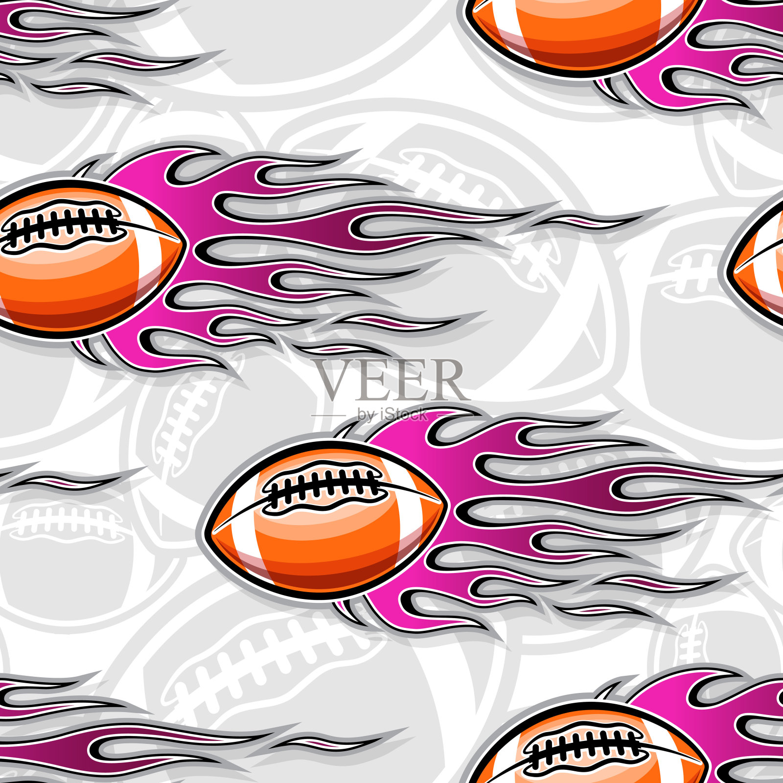 燃烧的橄榄球重复瓷砖背景。美式足球和部落火焰无缝图案矢量图像包装纸设计。插画图片素材