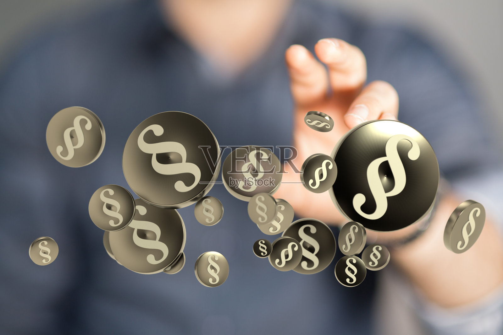 三维渲染的法律和正义的象征和男性的手在一个模糊的背景照片摄影图片